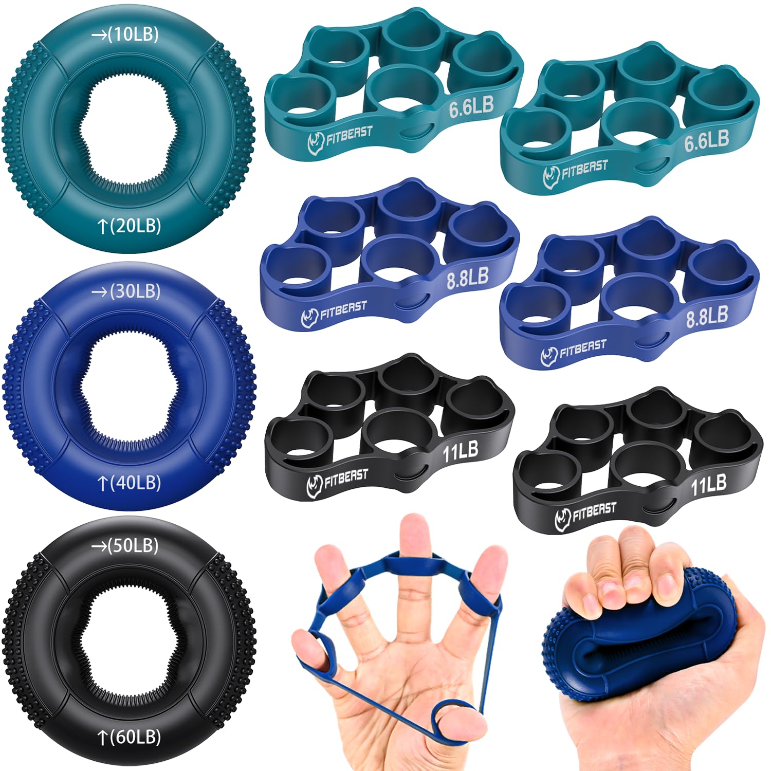 FitBeast Entrenador de Fuerza de Agarre, Ejercitador de Dedos, Fortalecedor de Antebrazo Kit - 9 Piezas, Fortalecedor de Agarre de Mano para Fuerza Dirigida, Alivio & Recuperación