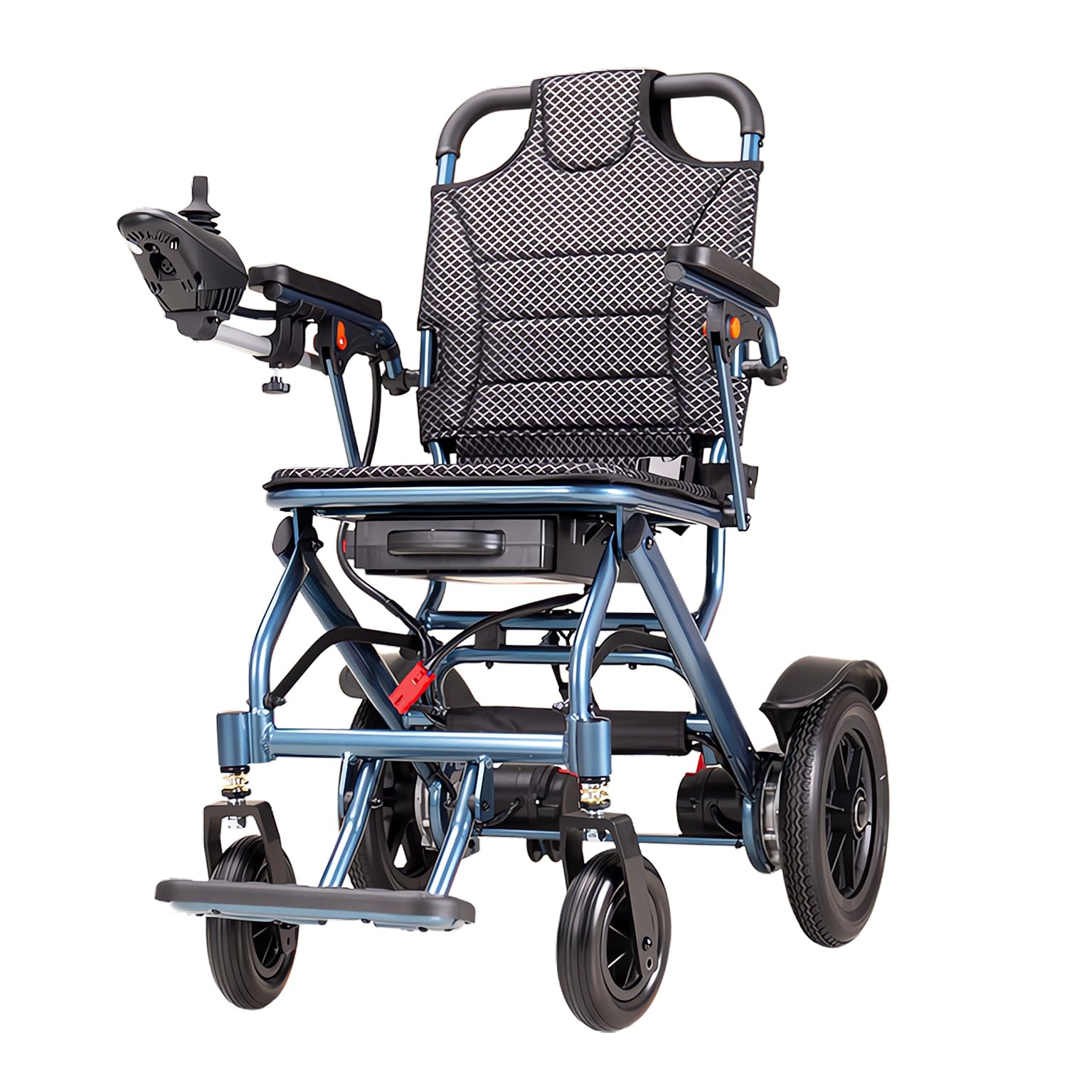 D04 - Silla de ruedas eléctrica plegable azul con batería de litio extraíble de 10 Ah, motor de 500 W, rango de 20 km, capacidad de 150 kg, ultraligera de 14,9 kg, fácil de transportar y