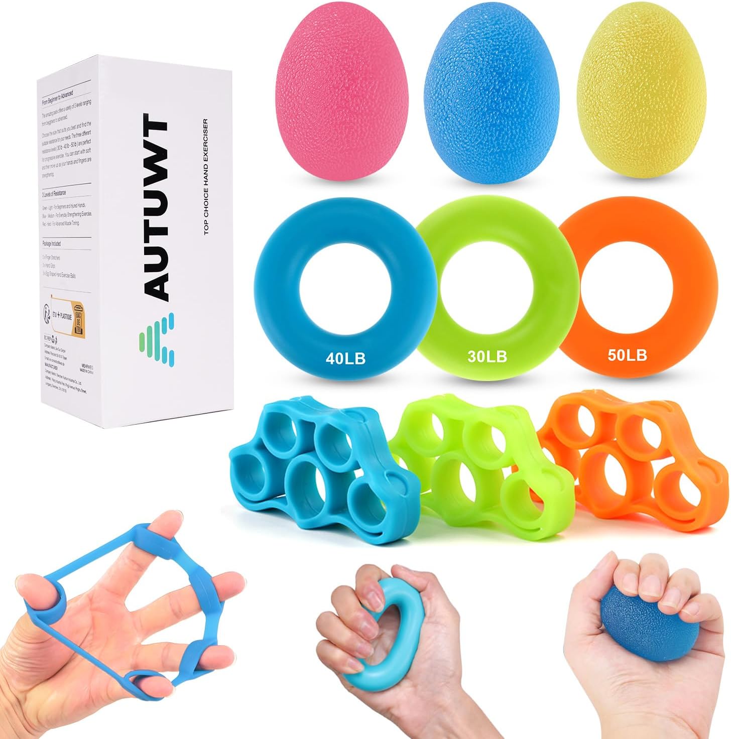 Fortalecedor de Agarre de Mano (9 PCS) Pelota de Rehabilitacion, Entrenador de Dedos y Fuerza, Silicona