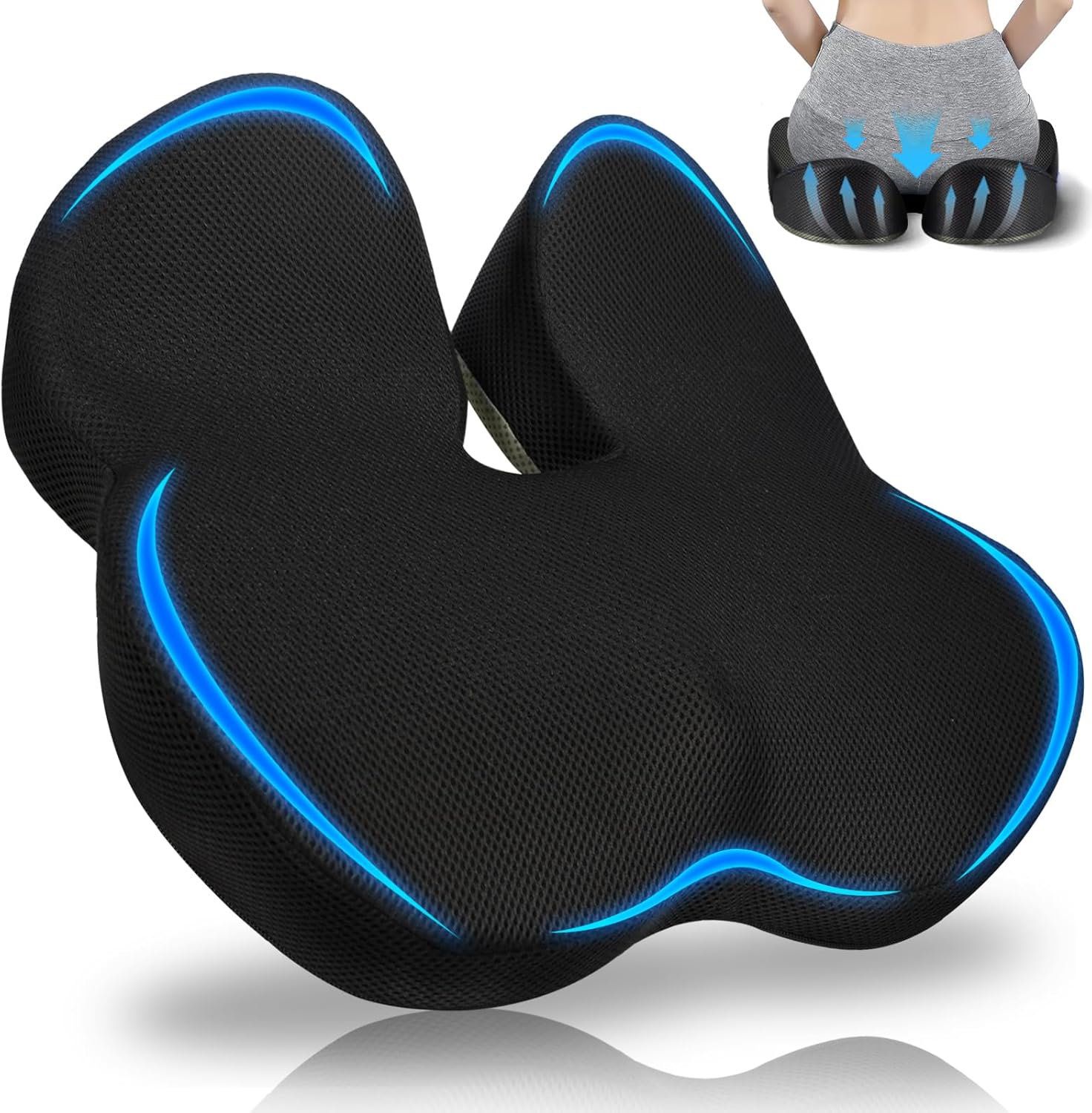 Cojin Coxis Ortopedico, Cojin Ergonómico Silla Oficina, Cojin Asiento Coche,Ccojín para Aliviar la Cadera y El Dolor de Coxis, para Oficina, Hogar, Coche (Negro)