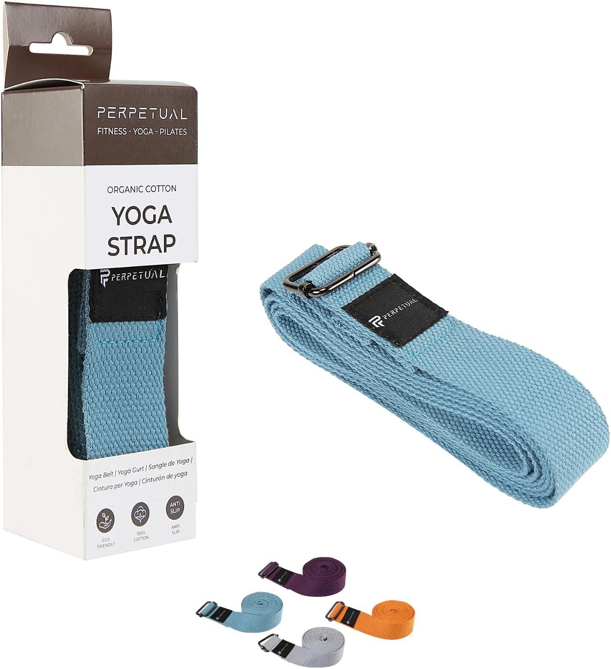 Perpetual Cinturón de Yoga - Cinta para mejorar tu Estiramiento - Correa para Posturas y Asanas - Hebilla de Acero Resistente - Algodón 100% Orgánico - Fitness y Pilates - 180 cm x 3.2 cm