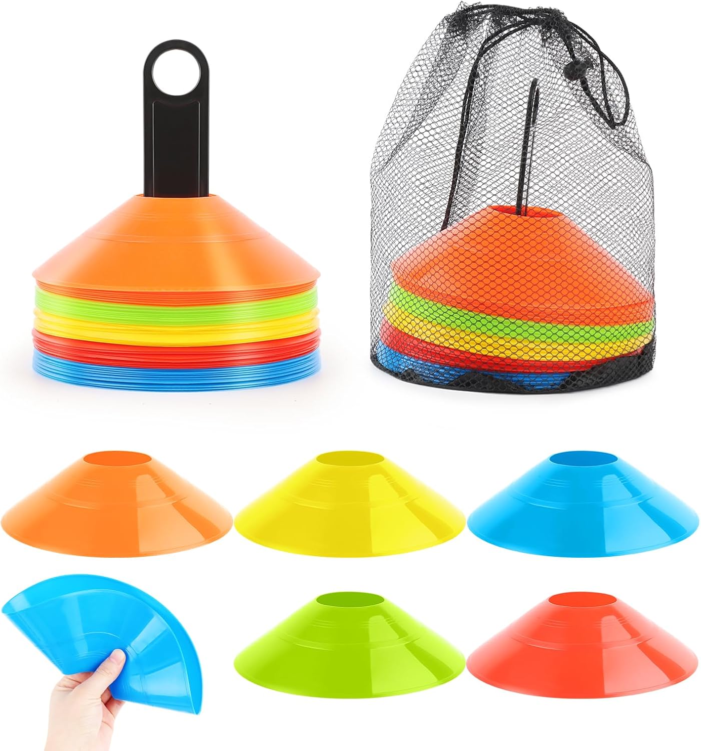 VFANDV Juego de Conos de Fútbol, 50 Piezas Conos Entrenamiento Conos De Disco 5 Colores Conos Agilidad Redondos, Marcado de Canchas Conos de Disco para Entrenamiento de Fútbol