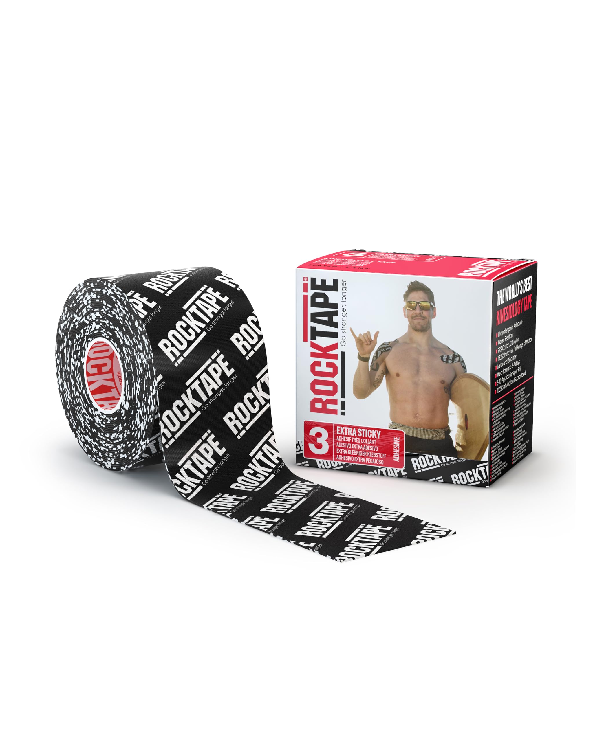 Kinesiology Tape Athletes, Extra pegajosos y resistentes al agua, reducen el dolor y la recuperación de lesiones, 5 cm x 5 m, sin cortar, H2O Logo negro