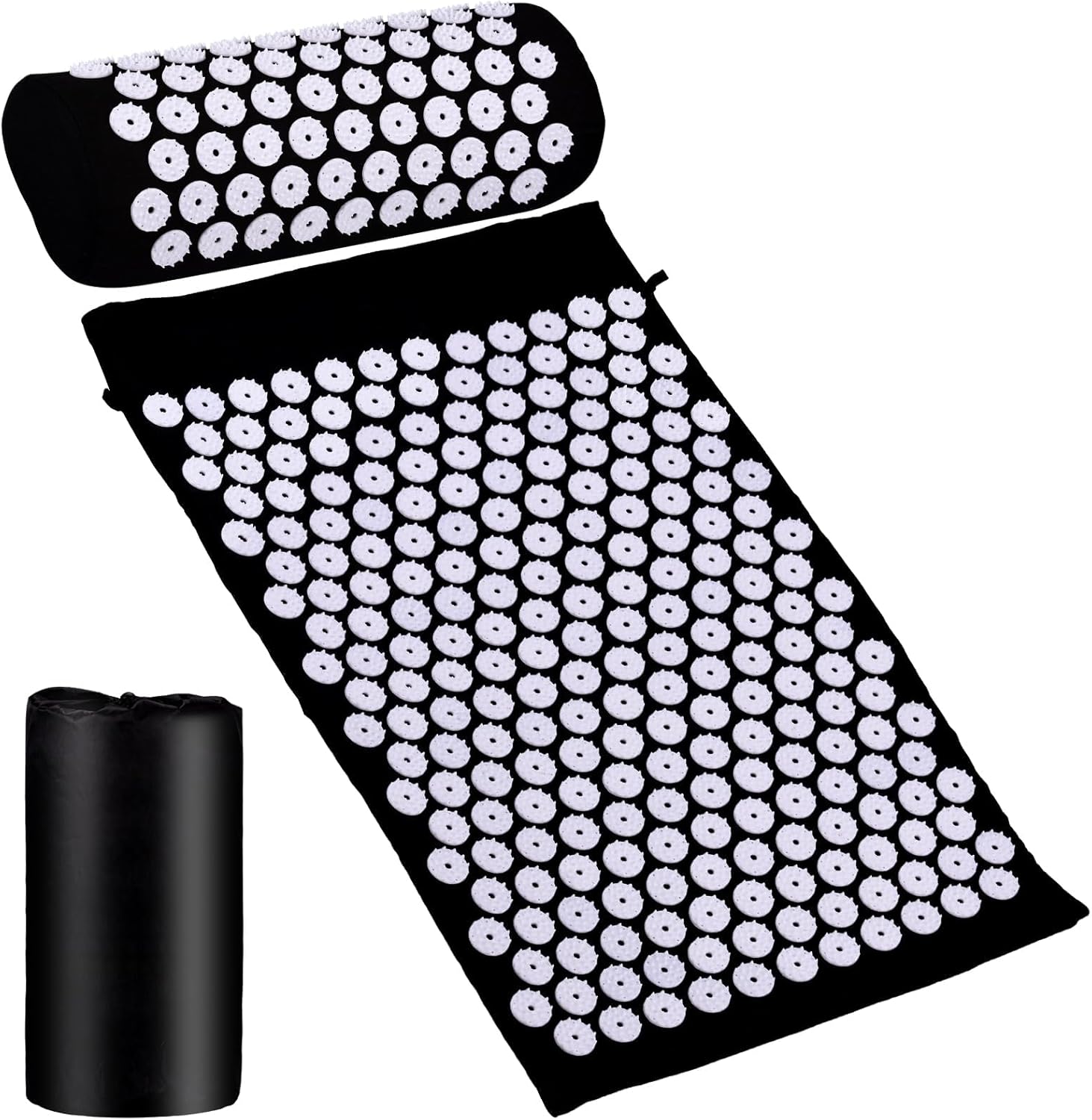 Juego de alfombrillas de acupresión, tapete de masaje Shiatsu negro, tapete de masaje de acupuntura con cojín para la cabeza, bolsa, para aliviar el dolor de espalda, dolor de cabeza y cuello