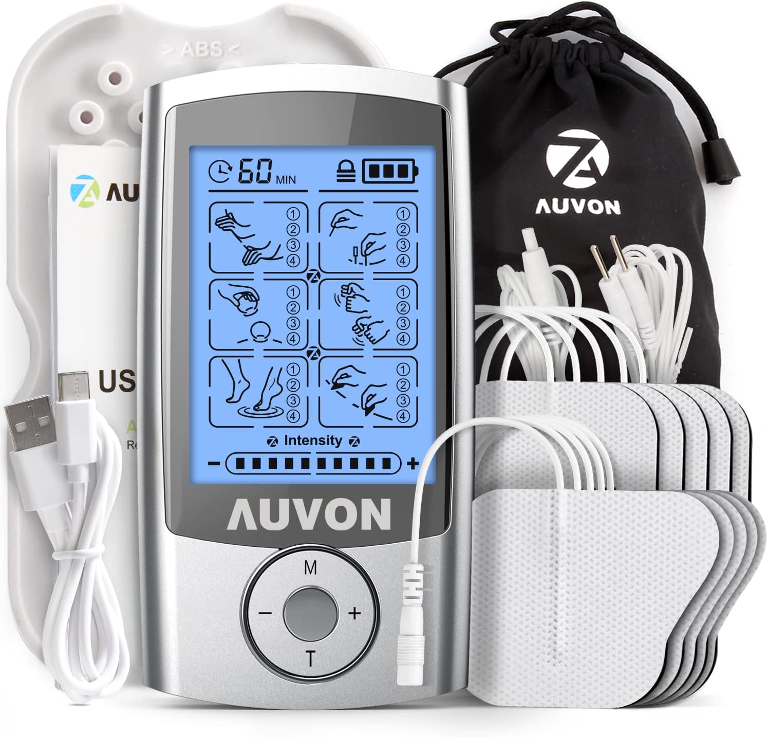 AUVON TENS Electroestimulador recargable con 24 programas, 2 canales y 10 Electrodos TENS con diseño patentado para aliviar el dolor muscular de en la espalda, el cuello y los hombros