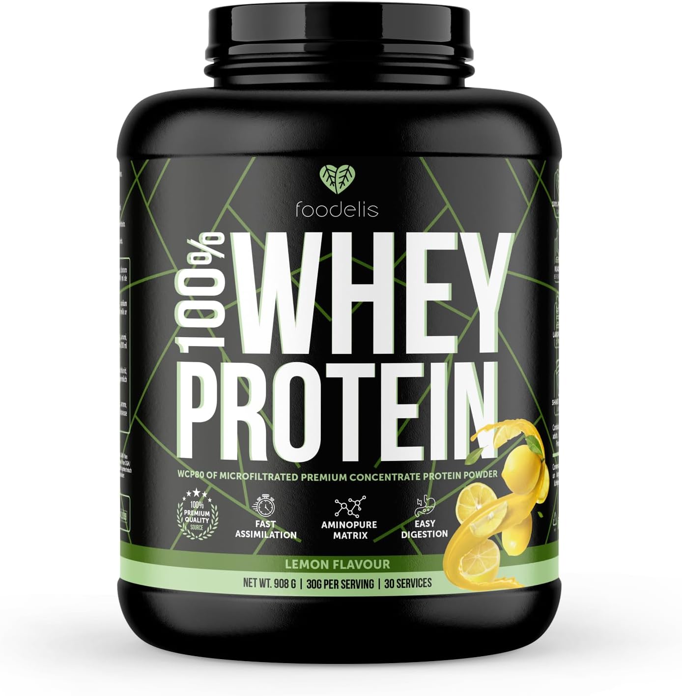 Foodelis Proteína Whey en Polvo – Proteína de Suero de Leche para Masa Muscular – Alta en Proteínas, Fácil Digestión (908 g, Limón)
