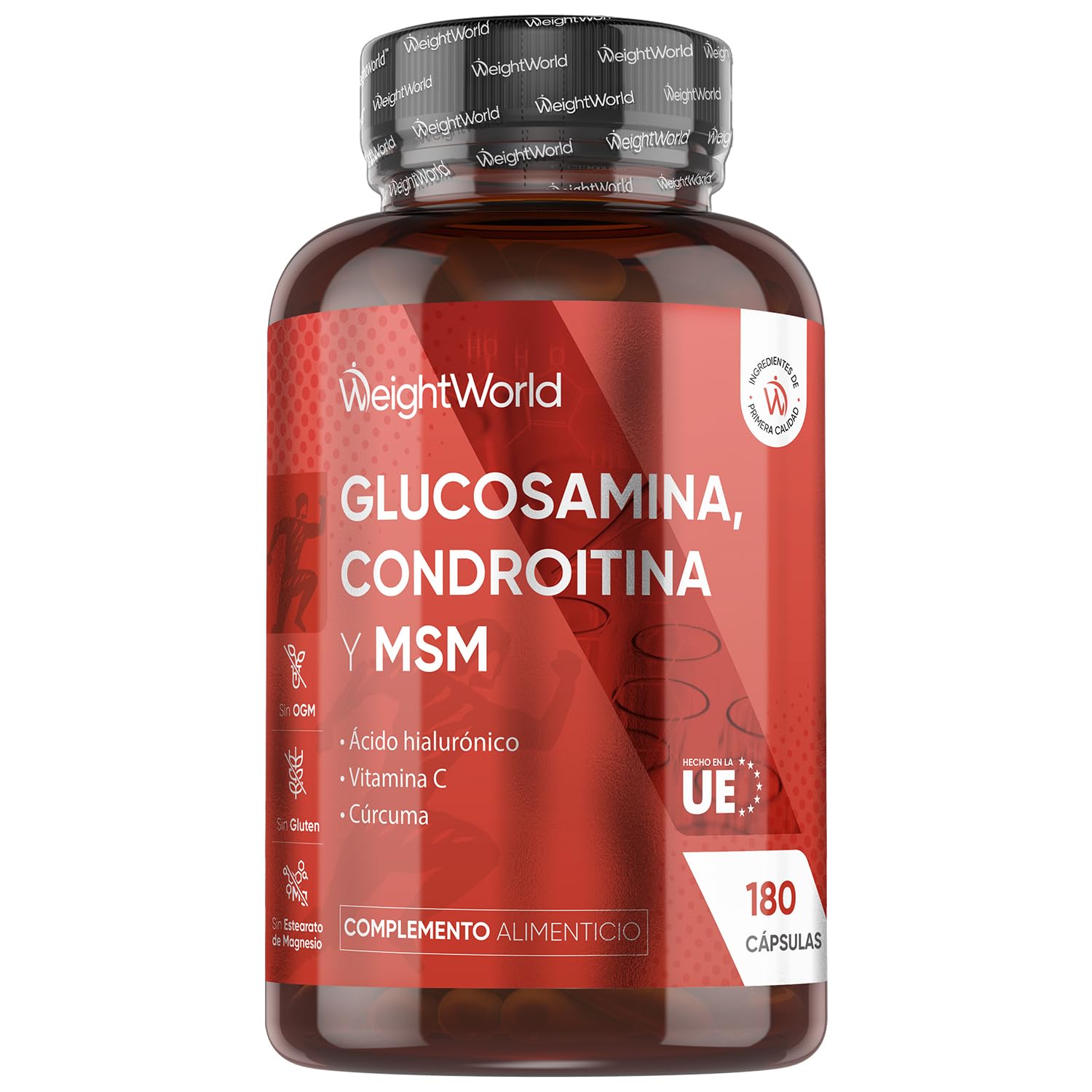 Glucosamina, Condroitina y MSM - 180 Cápsulas - 6 Meses de Suministro - Complejo Complementado con Ácido Hialurónico, Vit C y Cúrcuma en Polvo - Sin OGM ni Gluten