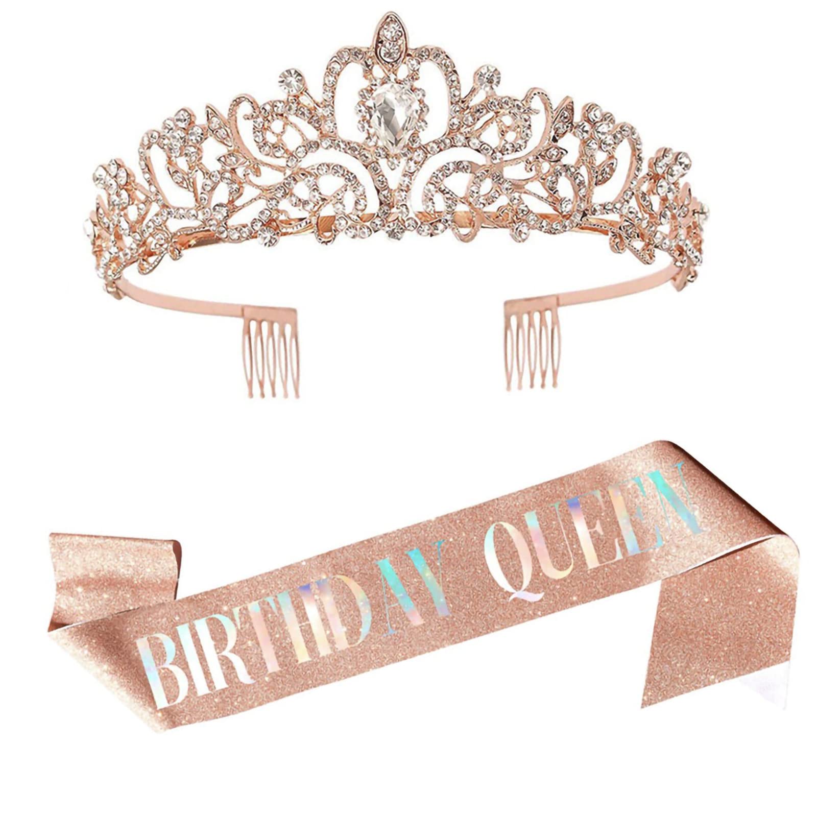 Kit de banda y tiara de estrás de reina de cumpleaños - Regalos de cumpleaños para mujeres - Banda y suministros de fiesta (oro rosa)