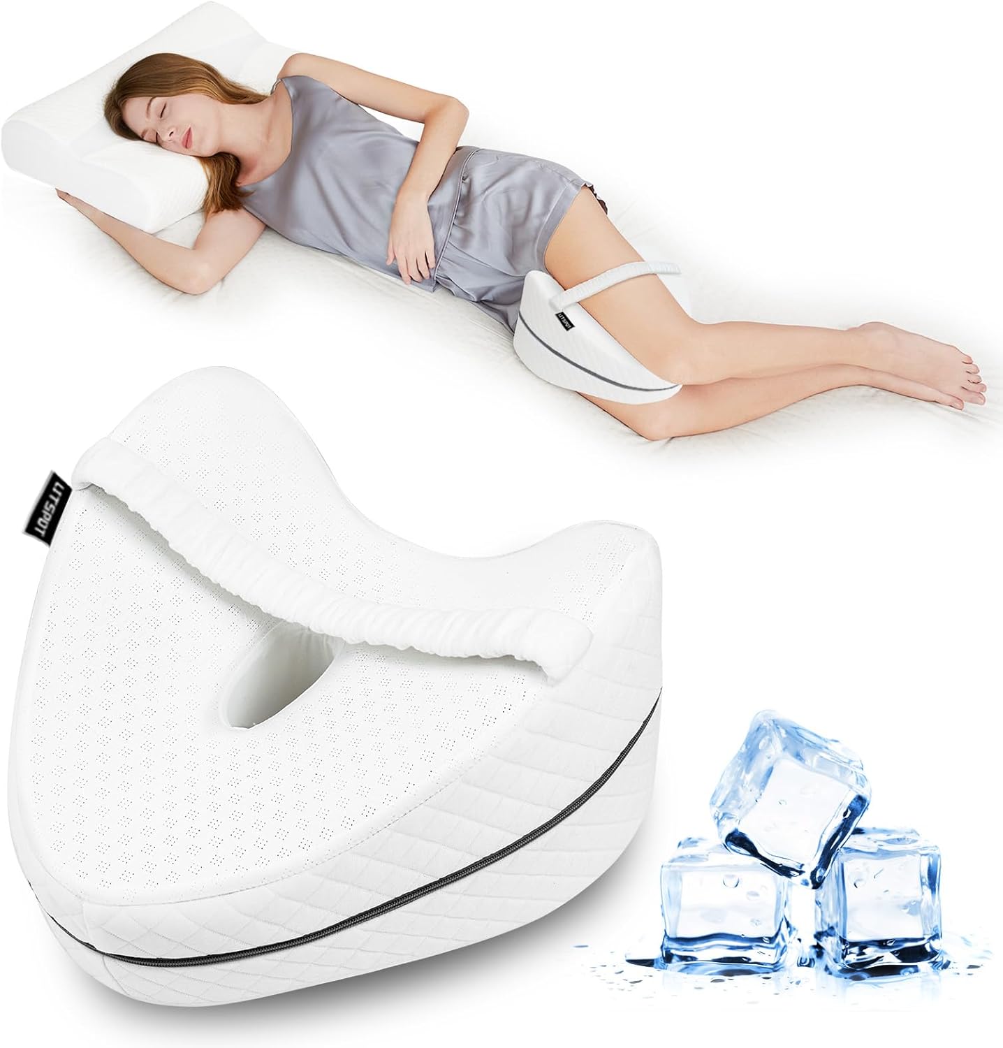 Almohada para Pierna y Rodilla Almohada de Enfriamiento Ergonómico Dormir de Lado con Espuma Viscoelástica, Almohada para Dormir Posicionadora con Banda Elástica Fija
