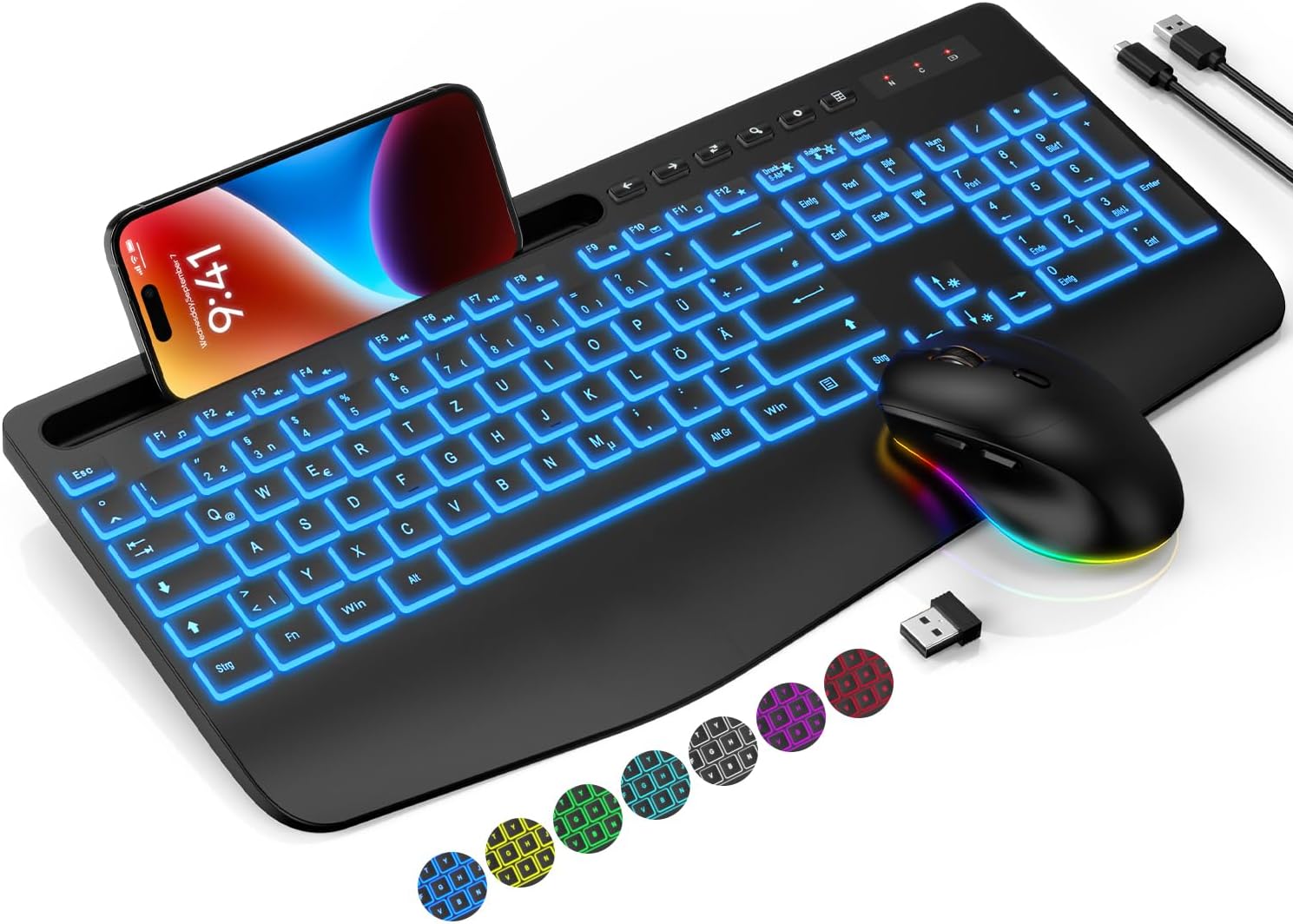 Juego de ratón para teclado inalámbrico, 7 retroiluminación a color, reposamuñecas, teclado ergonómico recargable con soporte para teléfono, iluminación silenciosa para Windows, Mac, PC (negro)