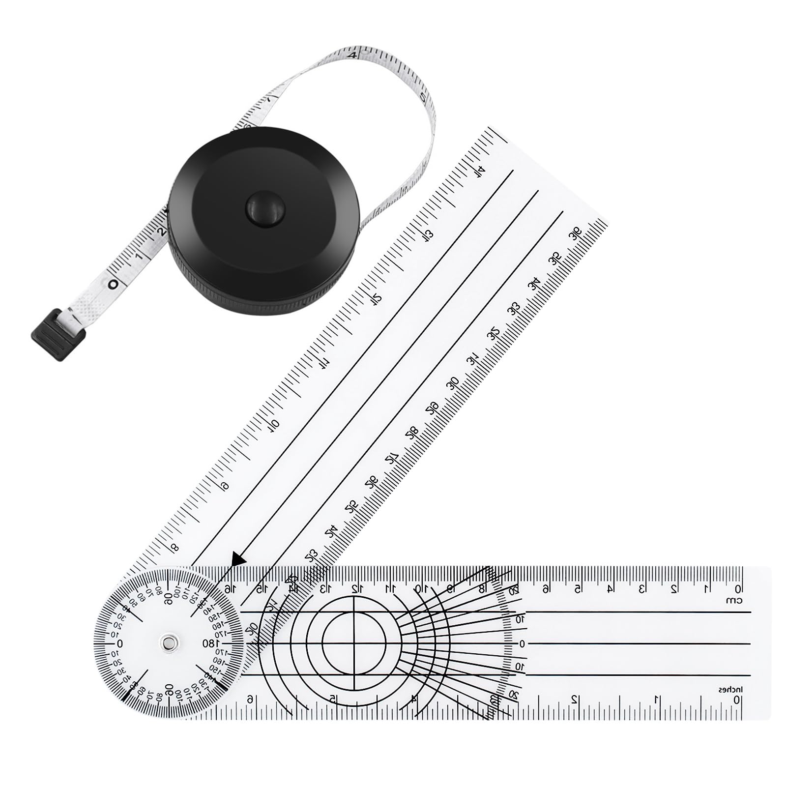 Cinta Métrica Automática y PVC Goniómetro Fisioterapia,Transparente 360 ° Rotación Transportador Fisioterapia,Cinta Métrica para Tela Corporal Accesorios de Costura,Goniómetro Ángulo Regla Médica