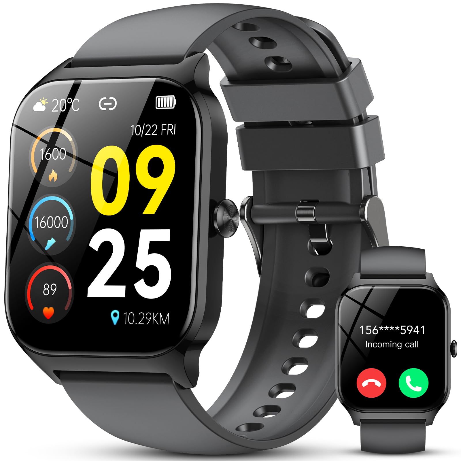Reloj Inteligente Hombre Mujer,1.85\" HD Smartwatch con Llamadas, WhatsApp Notificaciones, Smart Watch con Podómetro/Pulsómetro/SpO2/Monitor de Sueño,115+ Modos Deportes, IP68 Impermeable(Ébano)