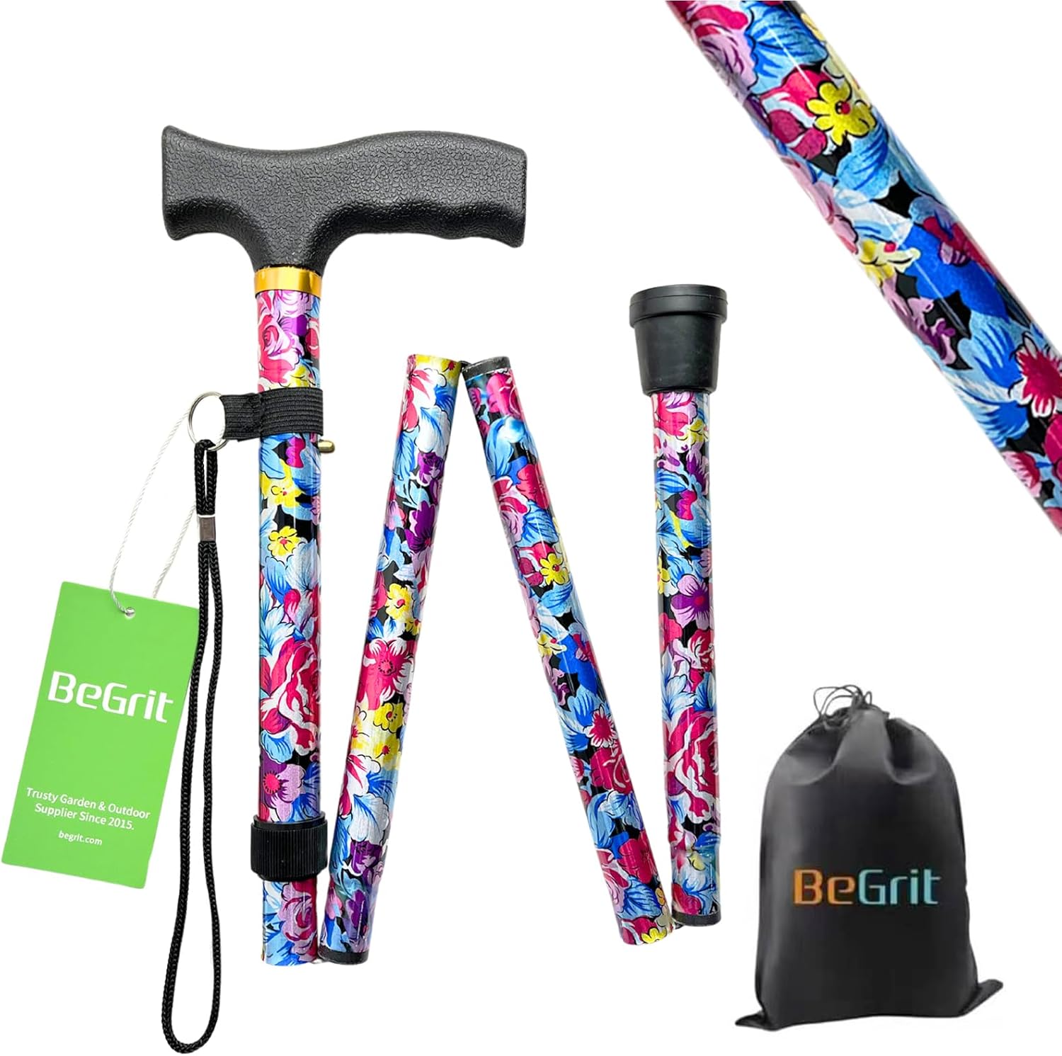 BeGrit Bastón Plegable para Mujer, Extensible, Diseño Floral, Aluminio Púrpura, Ajustable