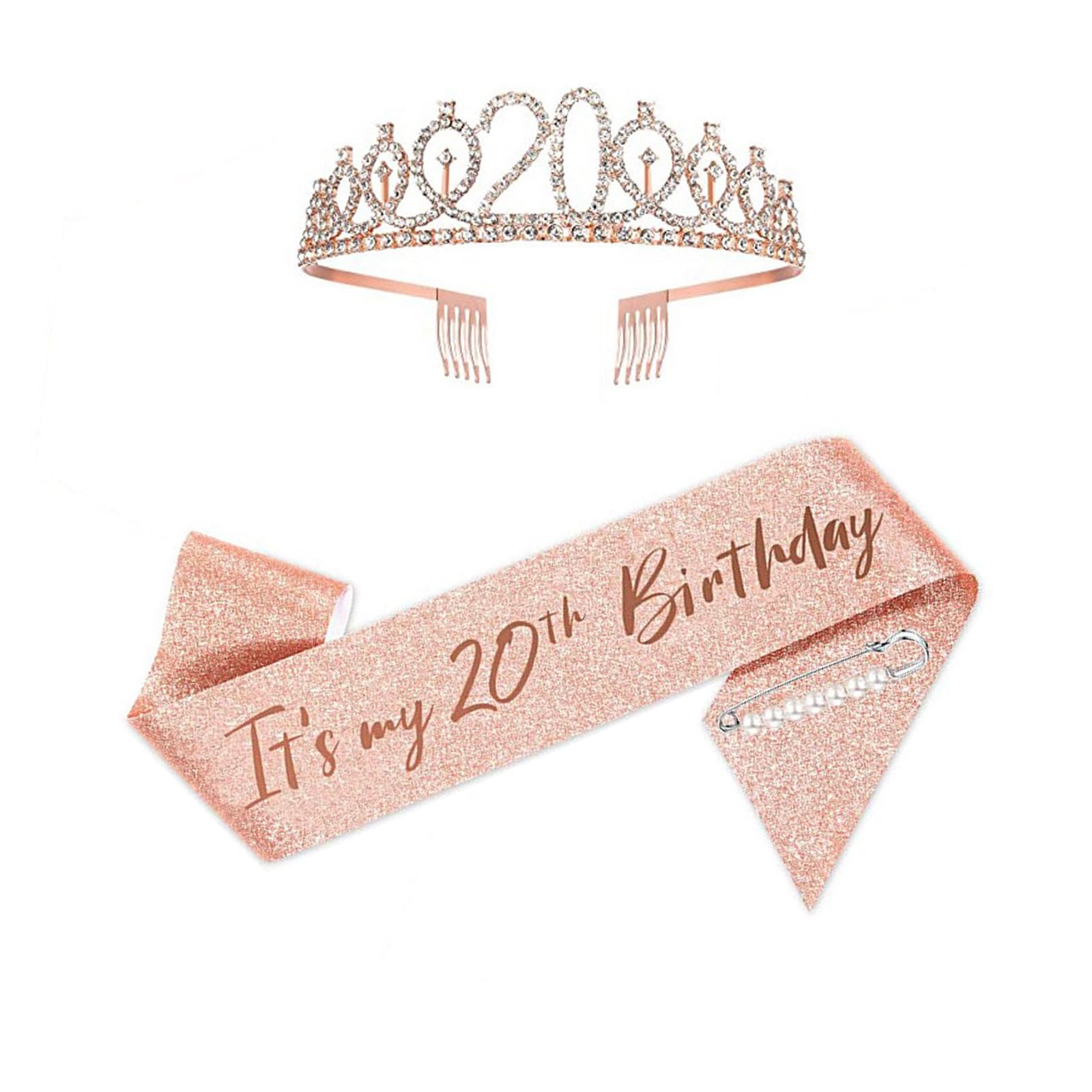 Fajín y Tiara de 20 Cumpleaños, Kit de Tiara de Estrás y Fajín, Decoraciones de Fiesta de Cumpleaños, para Decoraciones de Fiesta de Cumpleaños, Deseos de Feliz 20 Cumpleaños