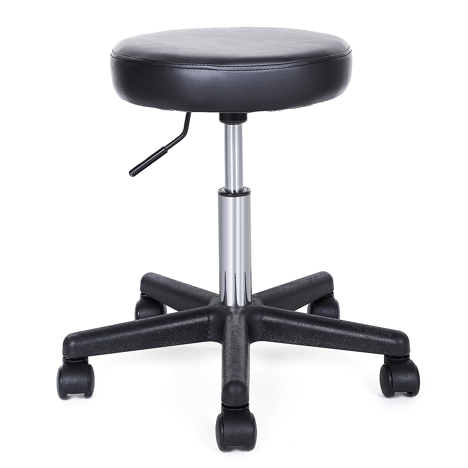 SONGMICS Taburete Giratorio Sobre Ruedas, Taburete Rodante Regulable, 46-58 cm, Asiento Tapizado de Cuero Sintético, para Trabajo, Estudio, Oficina, Clínica, Negro LJB61B