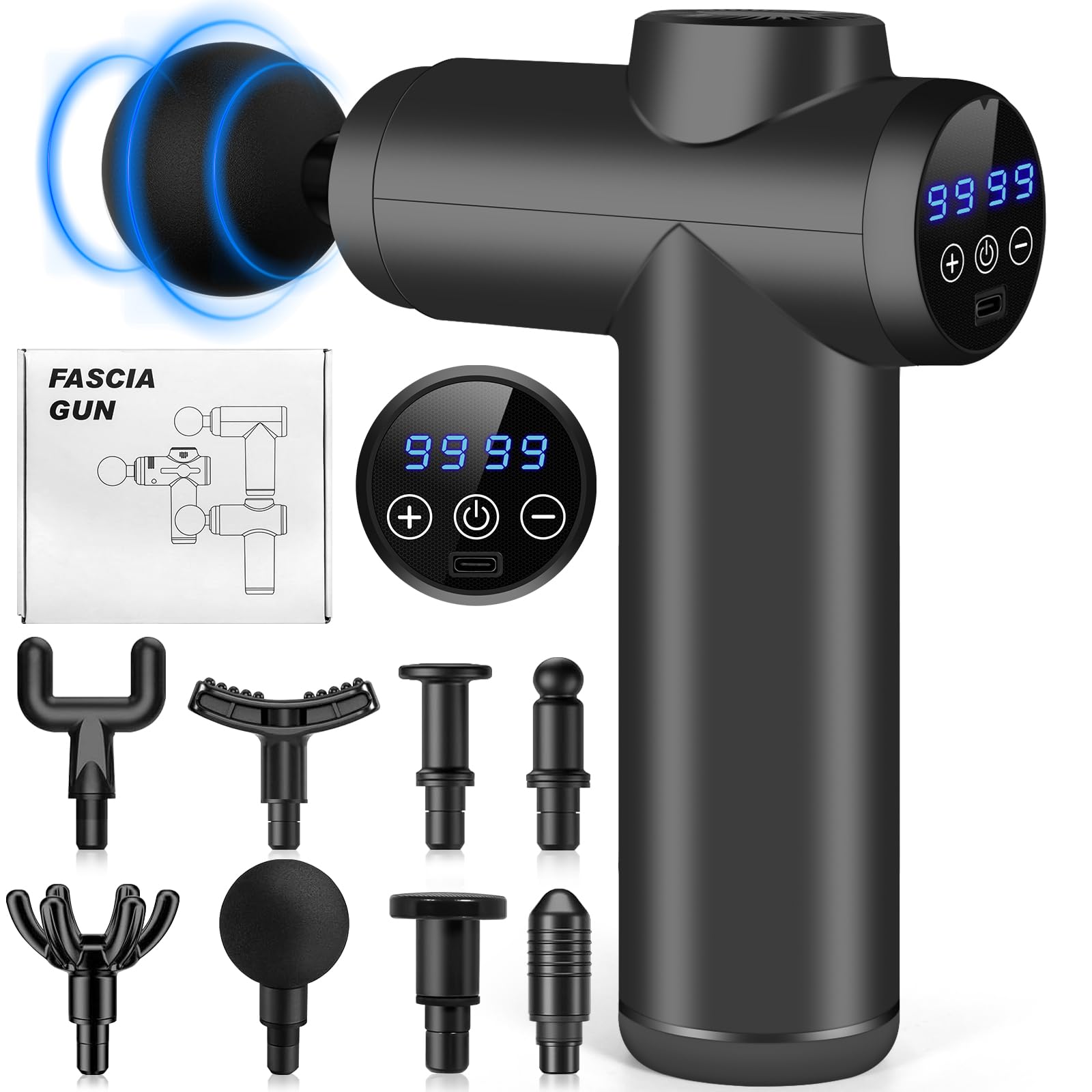 Mini Pistola de Masaje Muscular, 99 Velocidades, Pistola de Masaje Ultrasilenciosa, 8 Cabezales de Masaje, Pantalla LCD, Batería de 2000mAh Masajeador Portátil - Alivia el Dolor Muscular