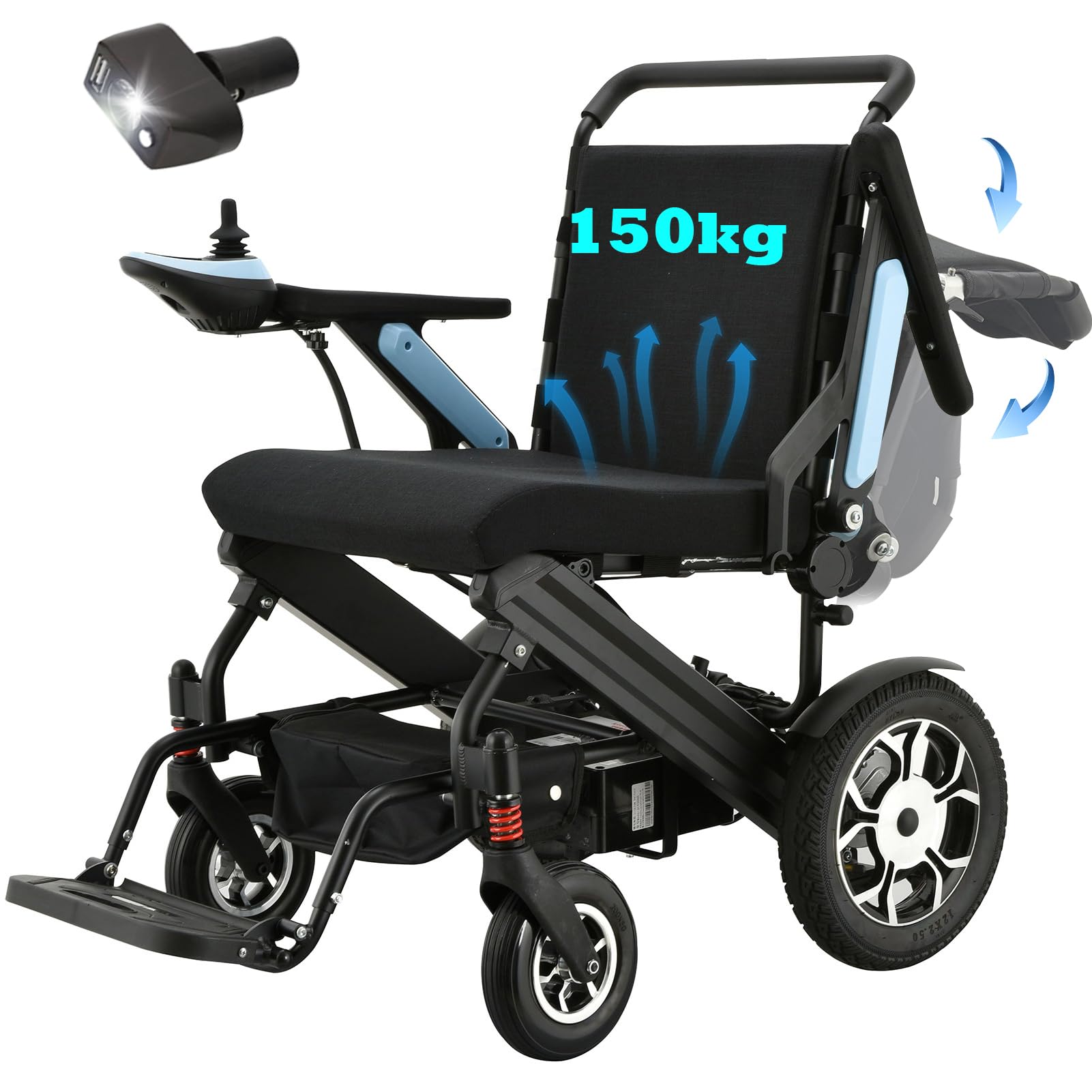 Silla de ruedas eléctrica plegable, aleación de aluminio, capacidad de carga de 150 kg, sistema de frenado electromagnético, motor de 500 W, batería de litio de 12 Ah, alcance de 25 km