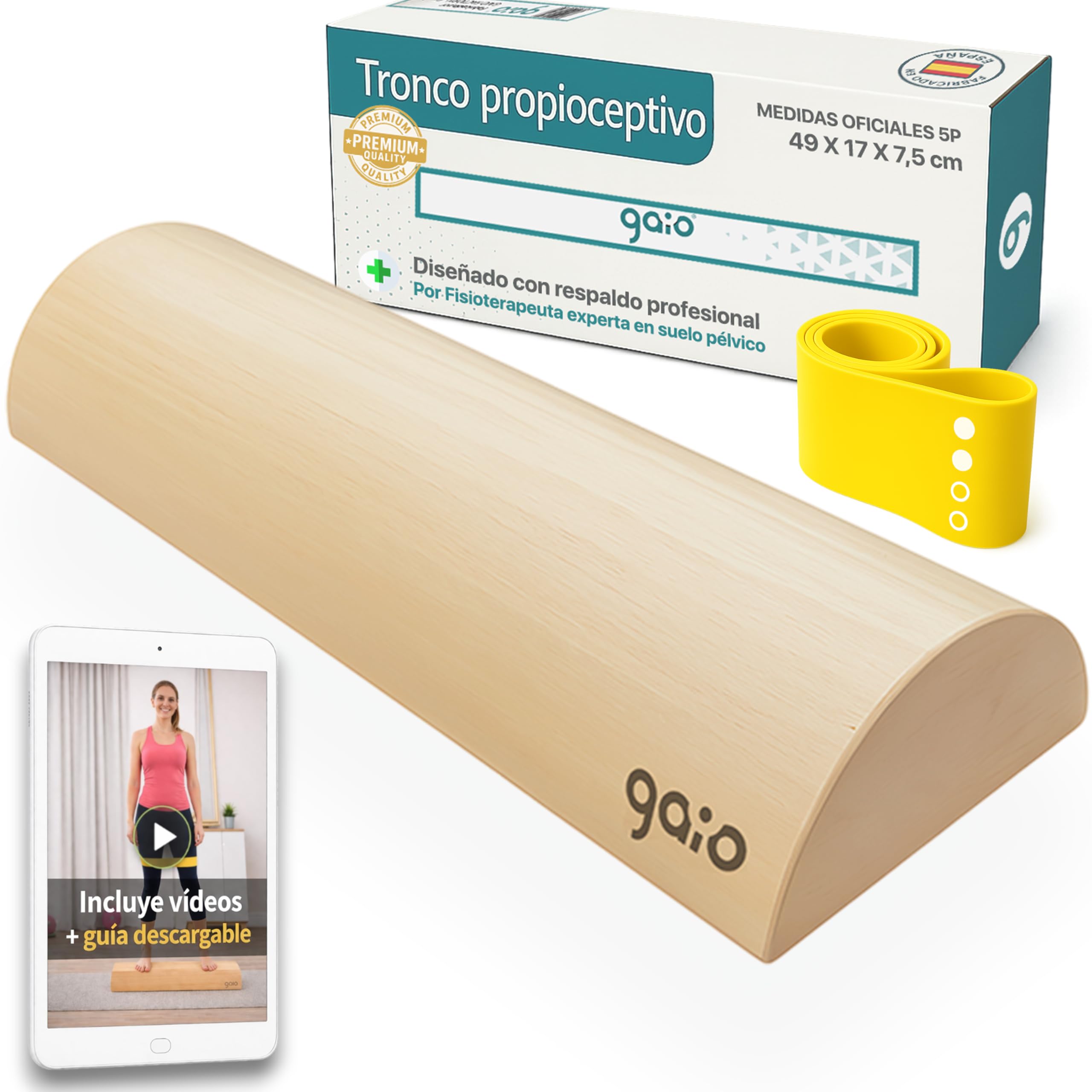 GAIO® Tronco Propioceptivo 5p - Madera Natural - Medidas Oficiales (49 x 17 x 7.5 cm) - Ejercicios de Suelo Pelvico con Banda Elástica - Pilates, Wood roller, Tronco propiocepción, Tronco 5p