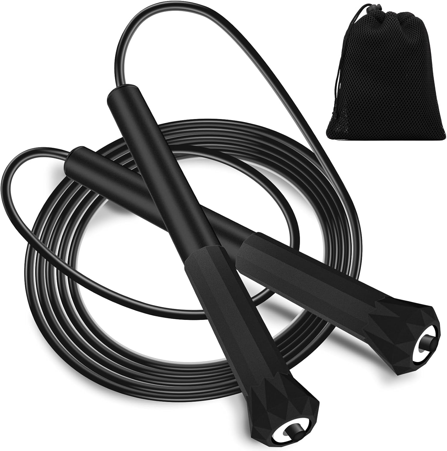 Euqvunn Cuerda Saltar 3 Metros, Comba de Saltar PVC con Bolsa, Comba Niños Ajustable Ligera para Niños, Hombres y Mujeres, Entrenamiento de Velocidad y Quema de Grasa (Negra)