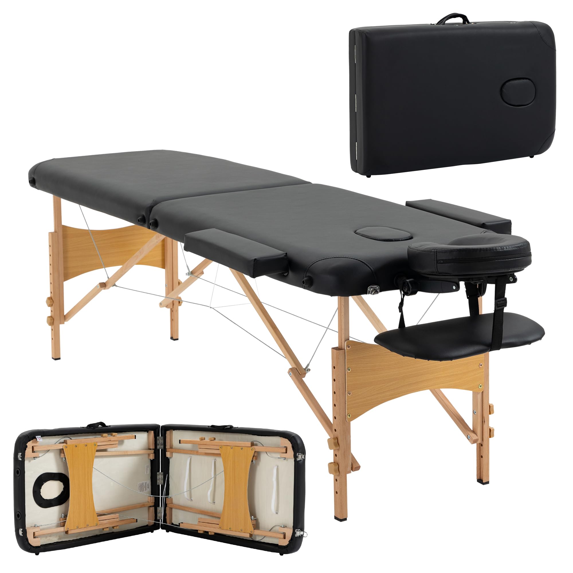 HOMCOM Camilla de Masaje Plegable 210x81 cm Camilla Estética Profesional con Reposacabezas Extraíble 2 Zonas Asa y Marco de Madera con Altura Regulable y Bolsa de Transporte Negro