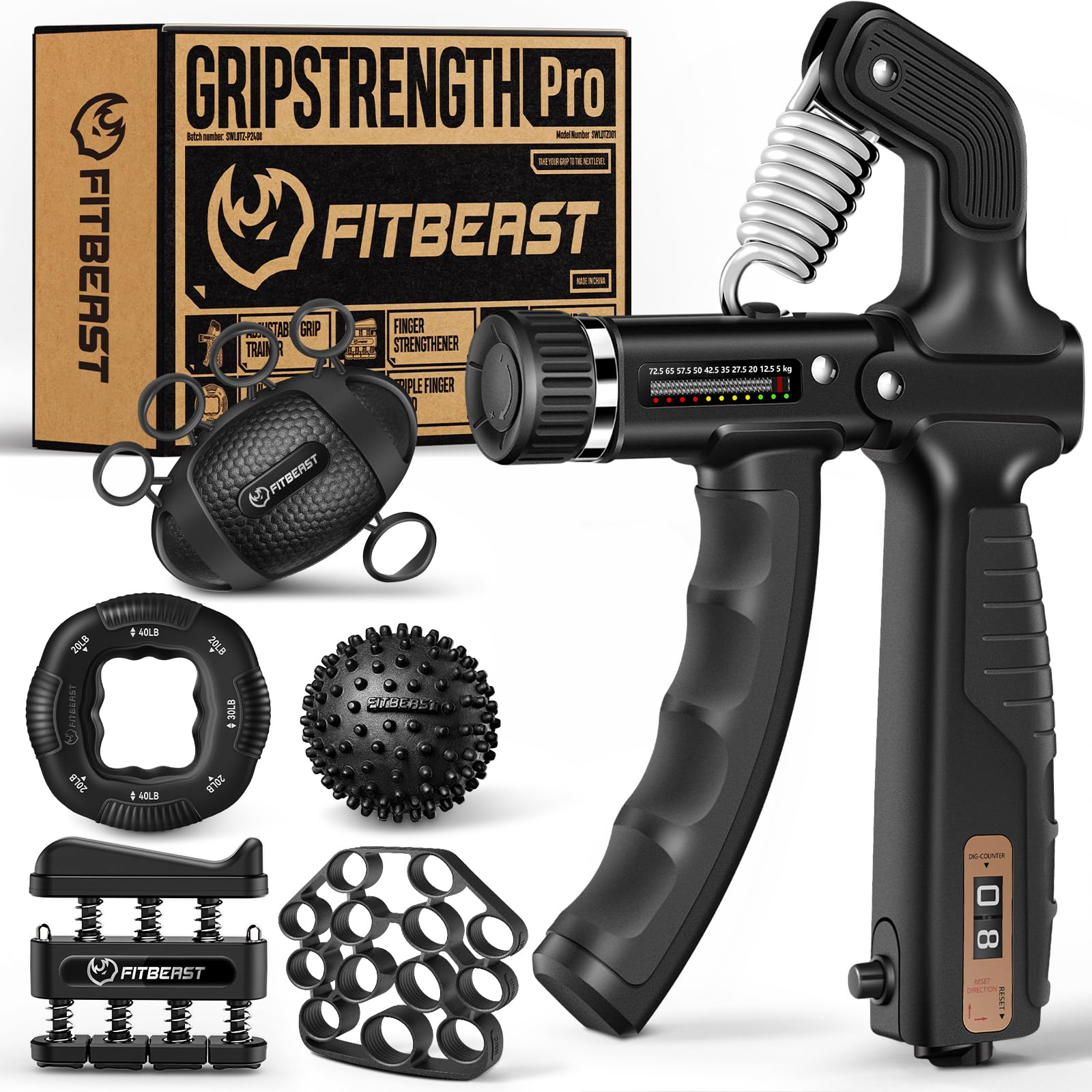 FitBeast Fortalecedor de Mano, Kit de Hand Grip - 6 Piezas con Entrenador de Antebrazo Ajustable y Bolas de Masaje para Terapia, Agarre y Recuperación