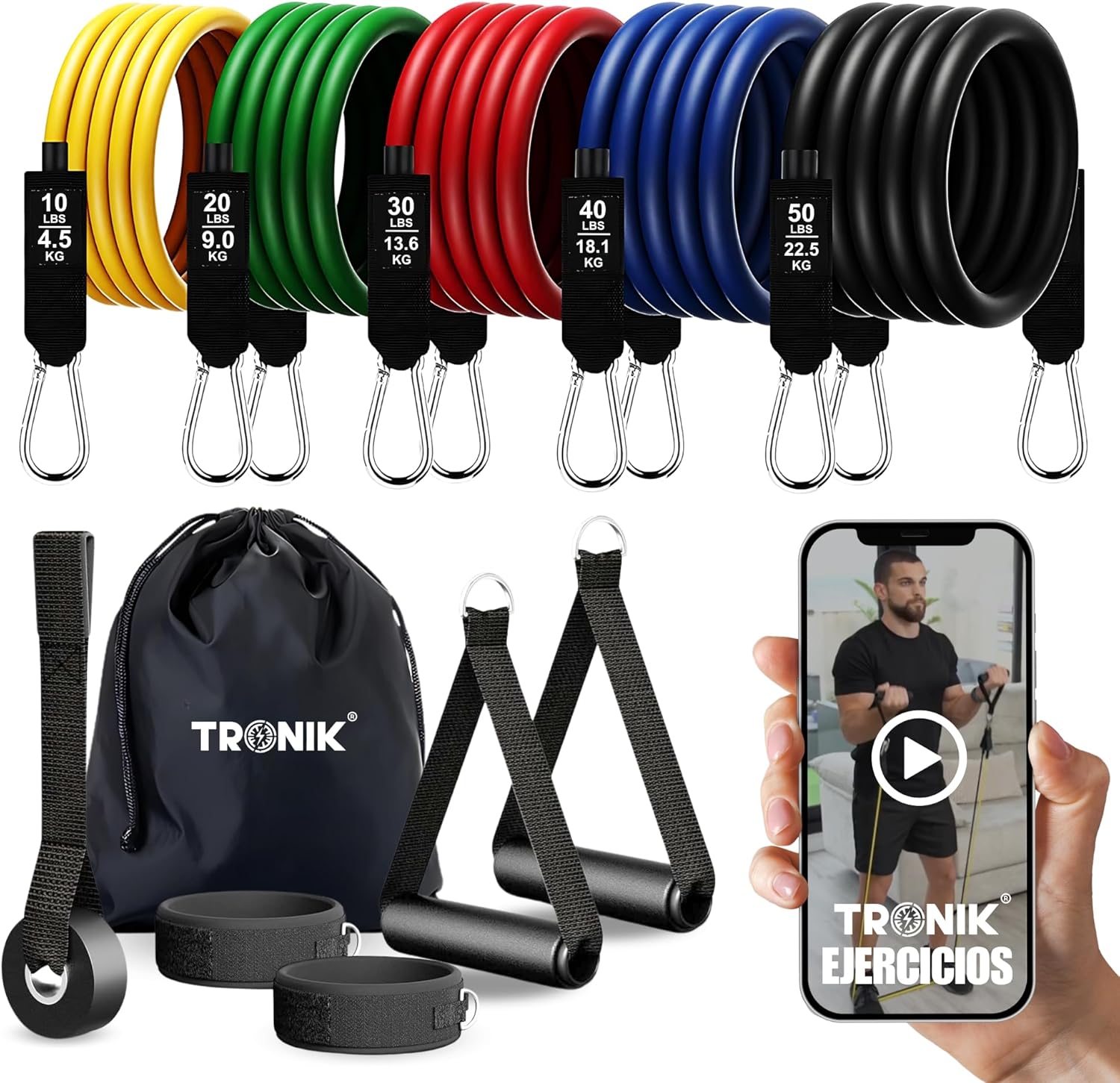 TRONIK | Gomas elasticas musculacion - Bandas elasticas musculacion 100% Latex - Cintas elasticas musculacion - Kit para Gimnasio en casa - Cinta Elastica Ejercicios - Elasticos Fitness musculacion