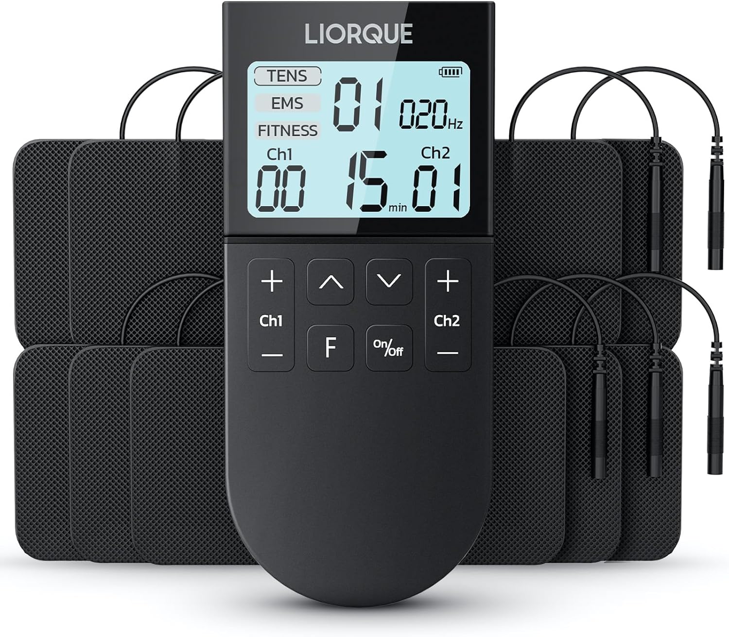 LIORQUE Electroestimulador Muscular, Electroestimulador TENS/EMS/FITNESS 3 en 1, 50 Modos, 10 Piezas de Electrodos TENS, 16 Niveles de Intensidad Para el Alivio del Dolor (Negro)