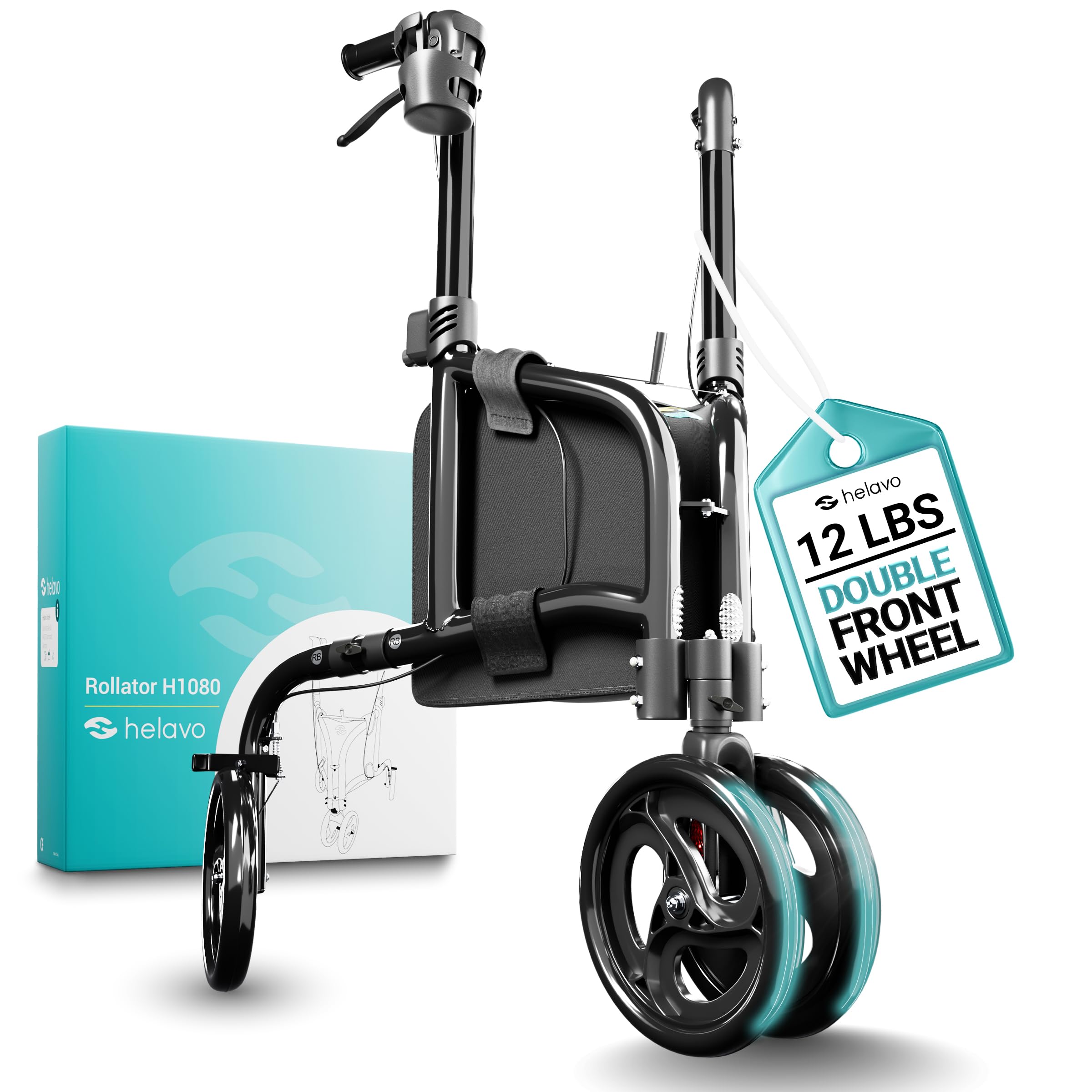 Andador de 3 Ruedas con Ruedas Dobles Delanteras - sólo 5,5 kg, Plegable, Estrecho, Andador para Adulto de Interior y Exterior, Andador Para Anciano de Aluminio