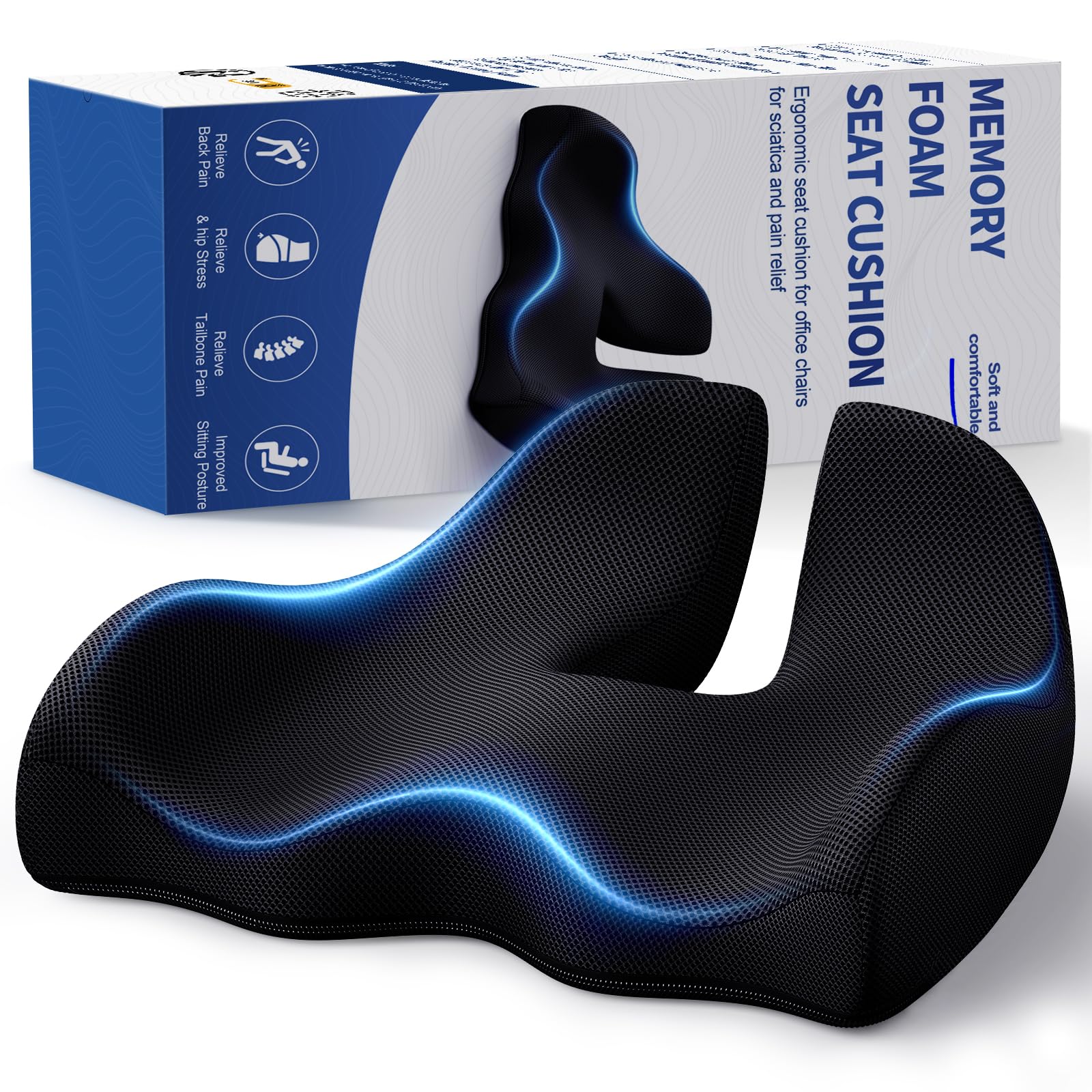 Benazcap Cojín de Asiento, Cojín de Coxis Ergonómico para Silla de Oficina y Automóvil, Alivia el Dolor Ciática, Lavable Cojin Coxis de Espuma Memoria, Soporte Lumbar para Largos Periodos Sentado