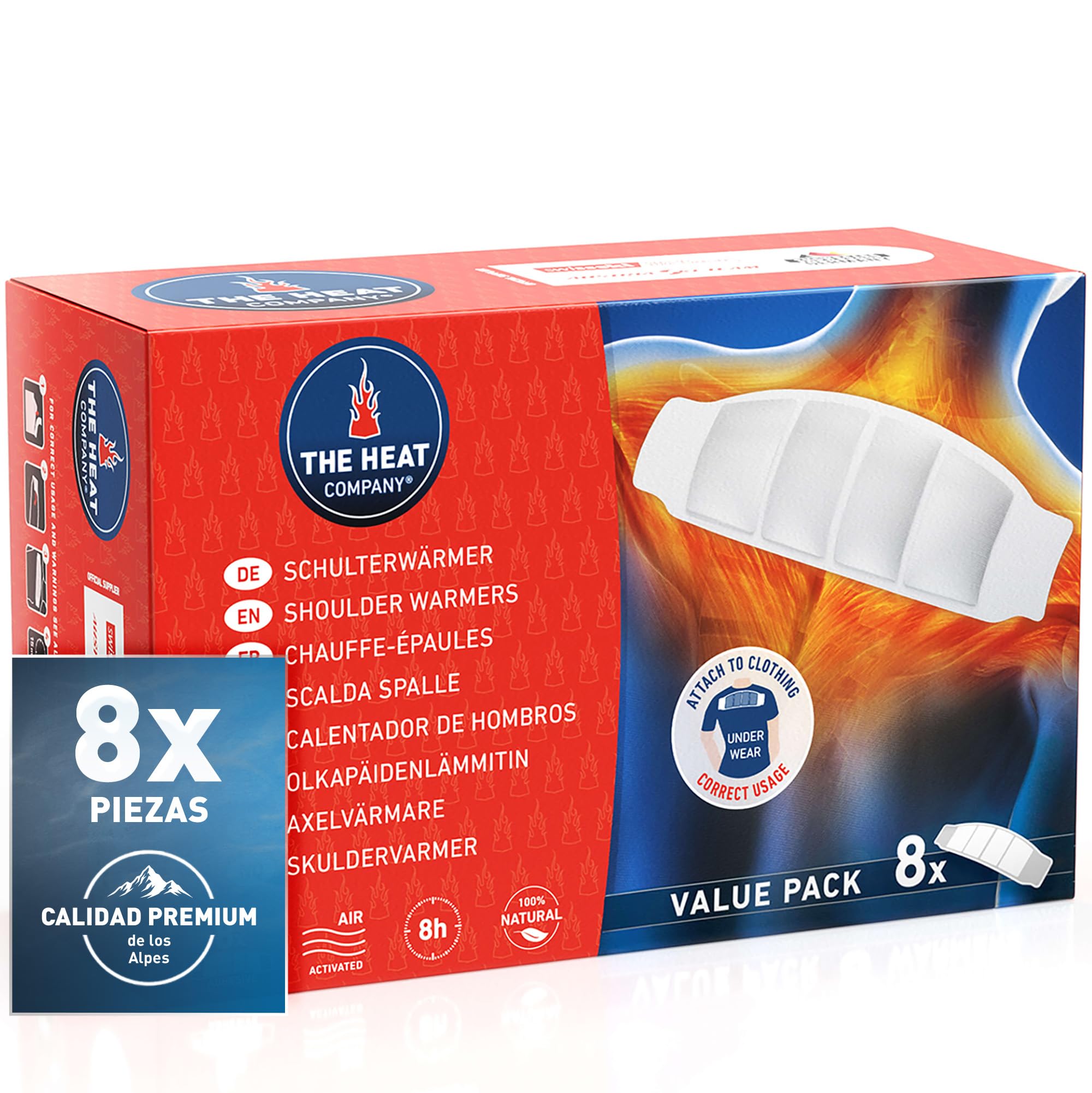THE HEAT COMPANY Calentador de Hombros - 8 piezas - EXTRA CÁLIDO - adhesivo - Calentador del Cuello - 8 horas de calor acogedor - calor instantáneo - activado por aire - puro natural