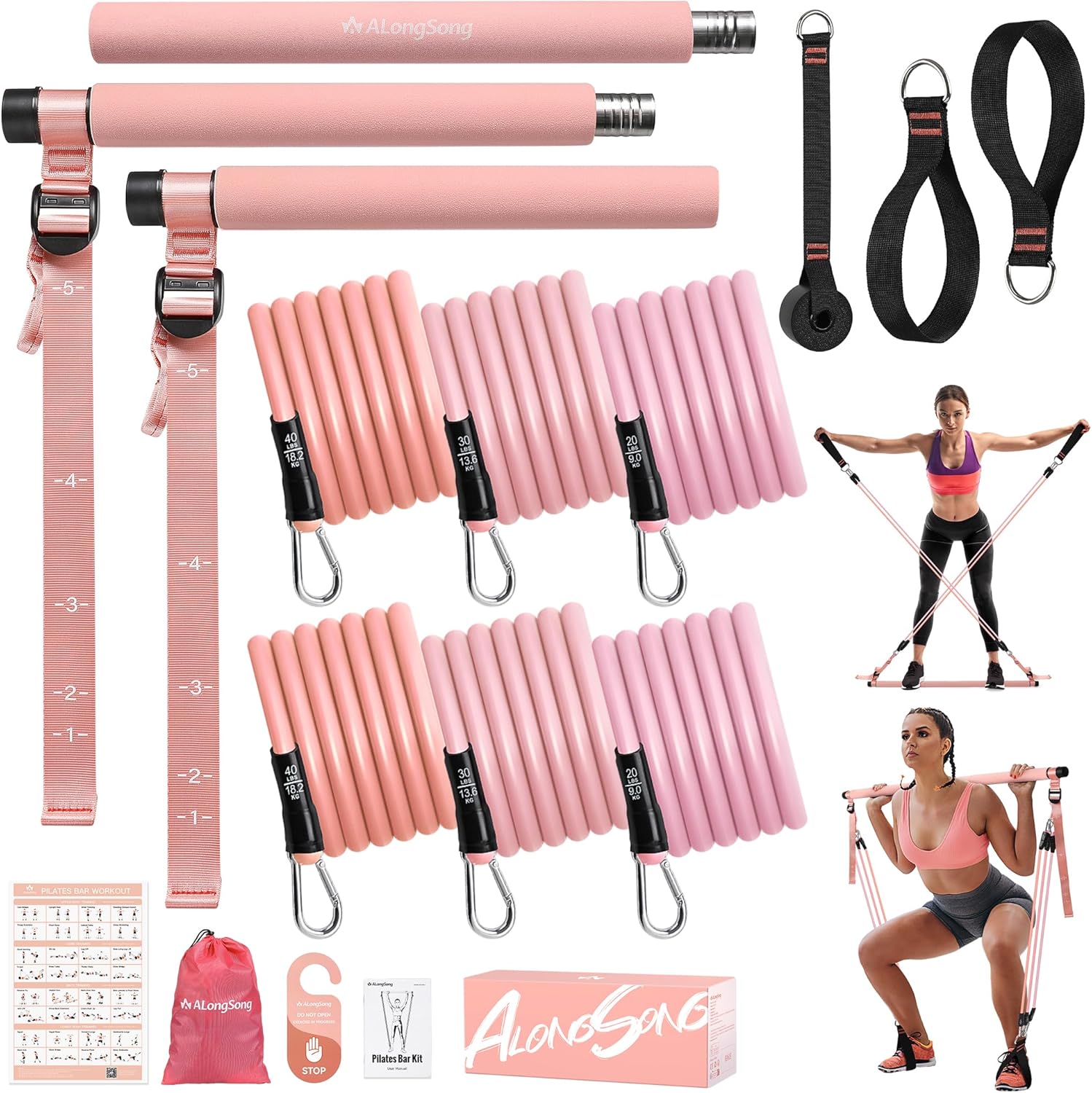 Barra de Pilates, ALongSong Barra Pilates Hecha de Hierro con 4/6 Bandas Elástica de Resistencia de 20-180LBS / 30-240LBS / 50-360LBS, Fitness en Casa para Mujer
