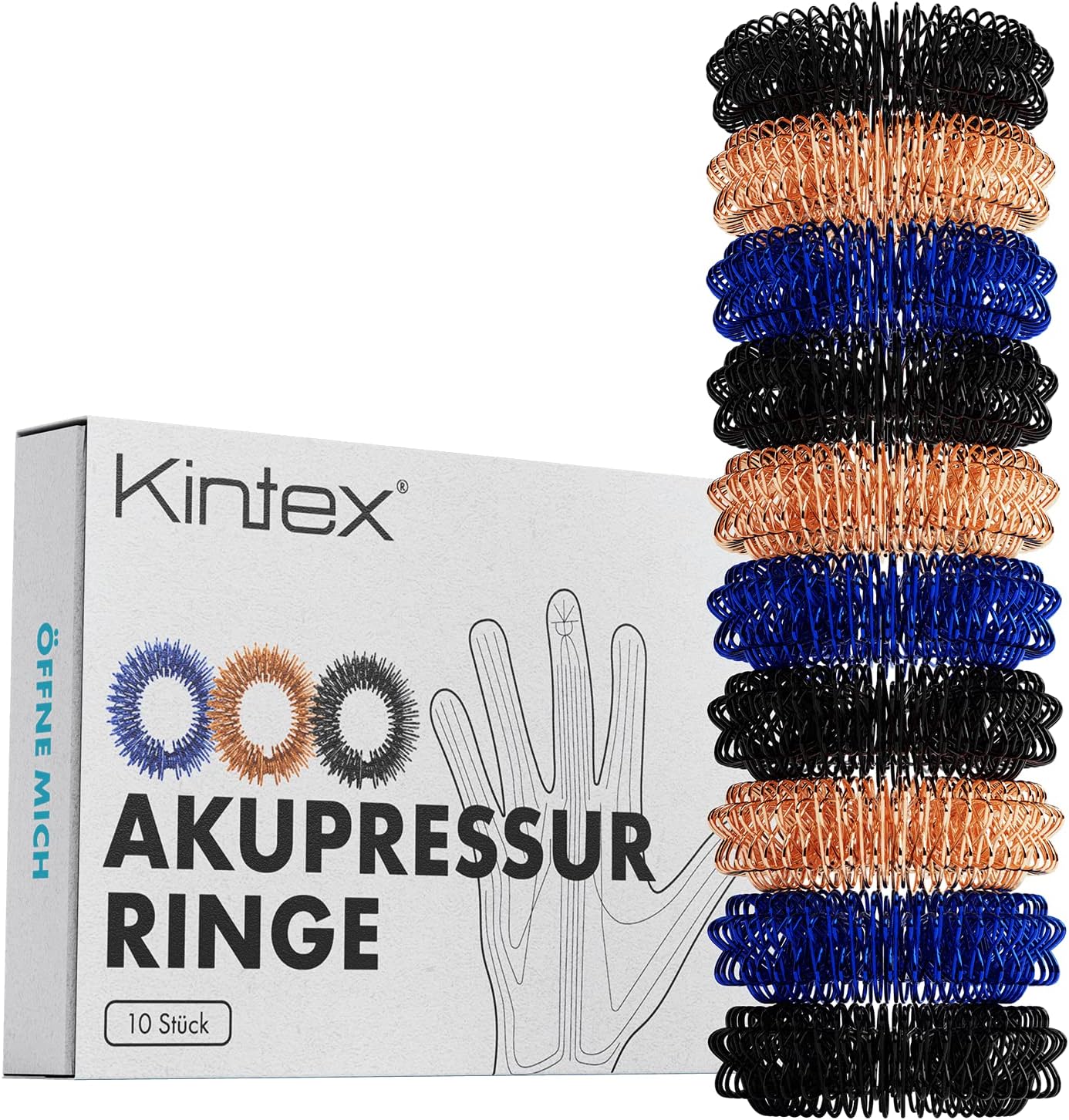 Kintex Anillos de acupresión, 10 piezas - 3 colores, masaje de dedos, anillos de masaje, acupresión, alivio del estrés, relajación