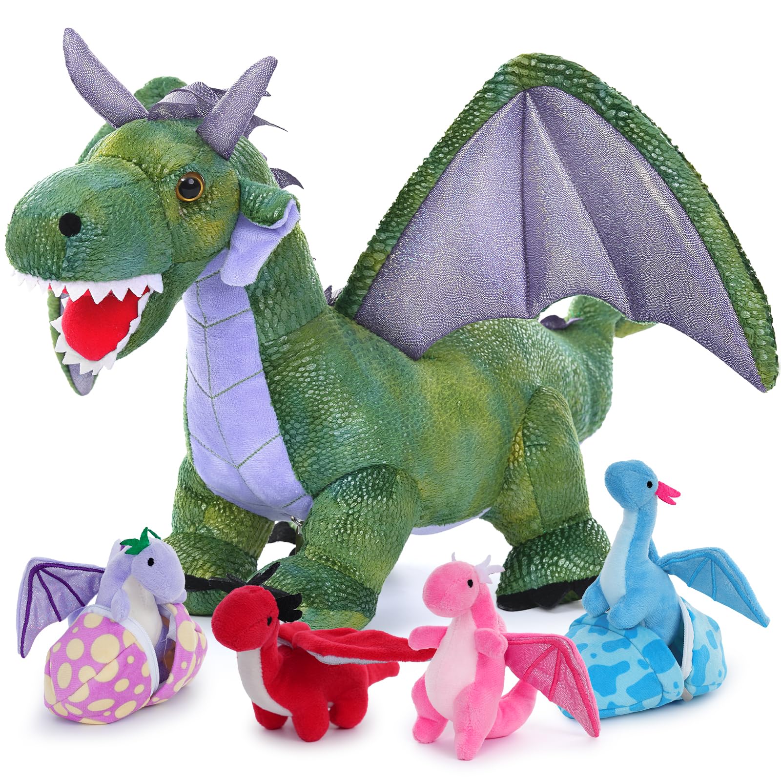 MorisMos Dragón de Peluche con Bebes XXL 55 cm, Realista Drgaon Juguetes de Peluche Grande Suave Bonito, Regalo para Niños Niña Cumpleaños Navidad Decoración (Morado y Verde)