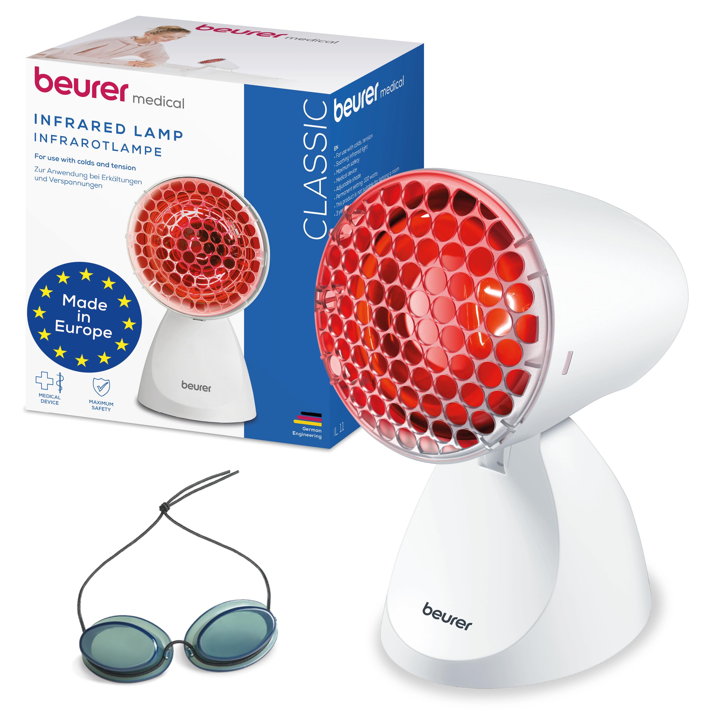 Beurer IL 11 Lámpara de infrarrojos con rejilla protectora, dispositivo médico con calor calmante para uso en resfriados y tensiones musculares, 5 niveles de inclinación