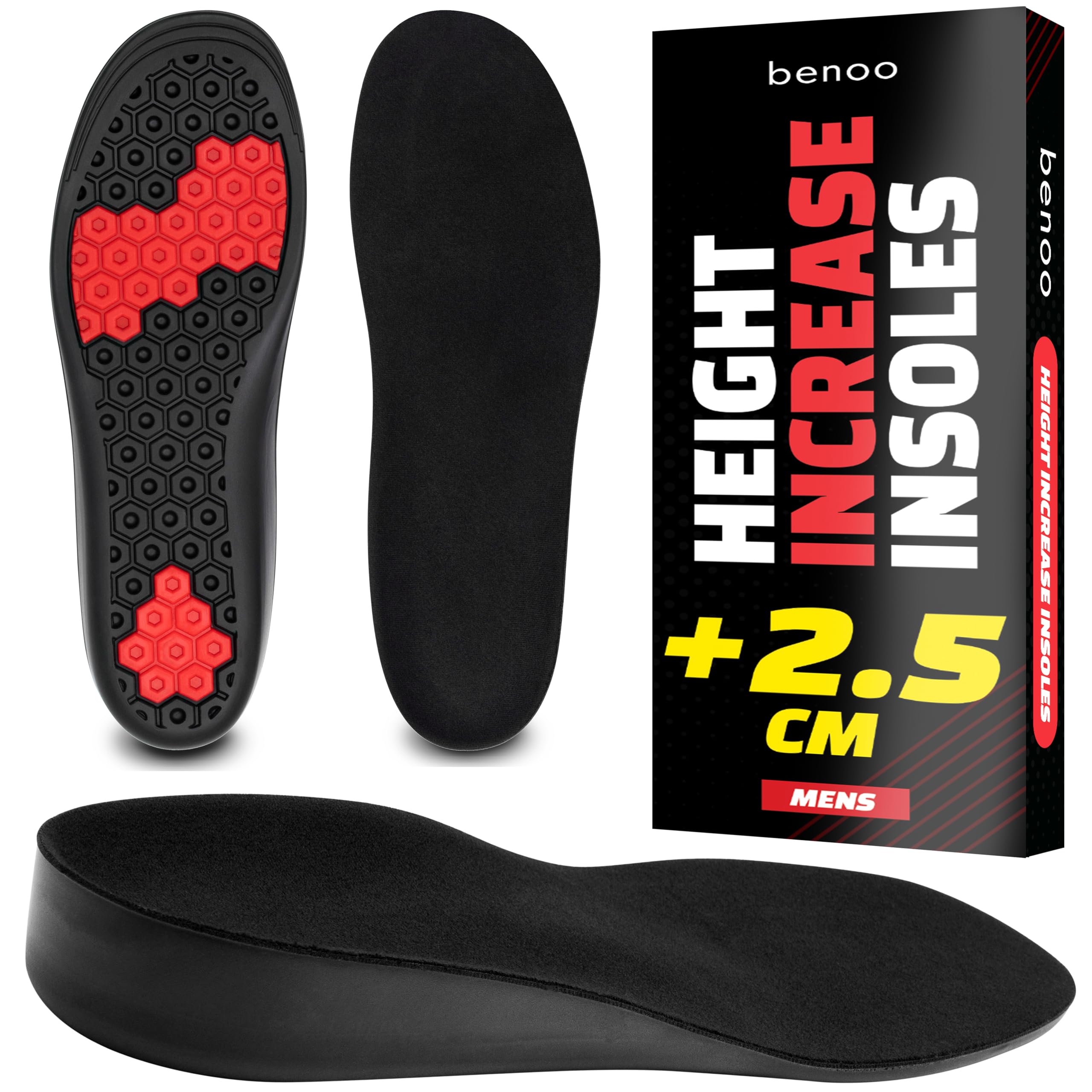 Plantillas elevadoras para hombres (+2,5 cm) – Almohadillas ajustables, cómodas y recortables para un aumento instantáneo de altura. Elevadores de calzado con insertos adaptables (41-42)