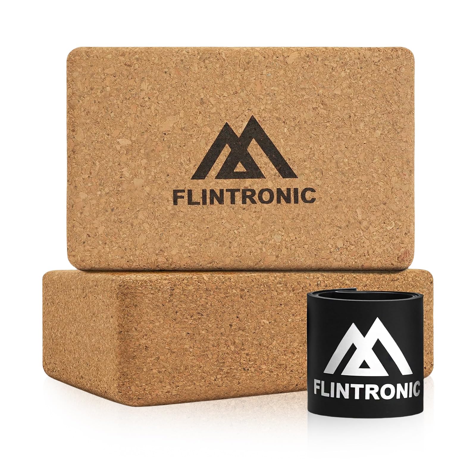 flintronic 2PCS Premium Bloque de Yoga de Corcho, 22.5x14.5x7.5CM, Producto 100% Natural, con Banda de Resistencia, Ladrillo Yoga Amigable con La Piel y Producido Ecológicamente para Pilates