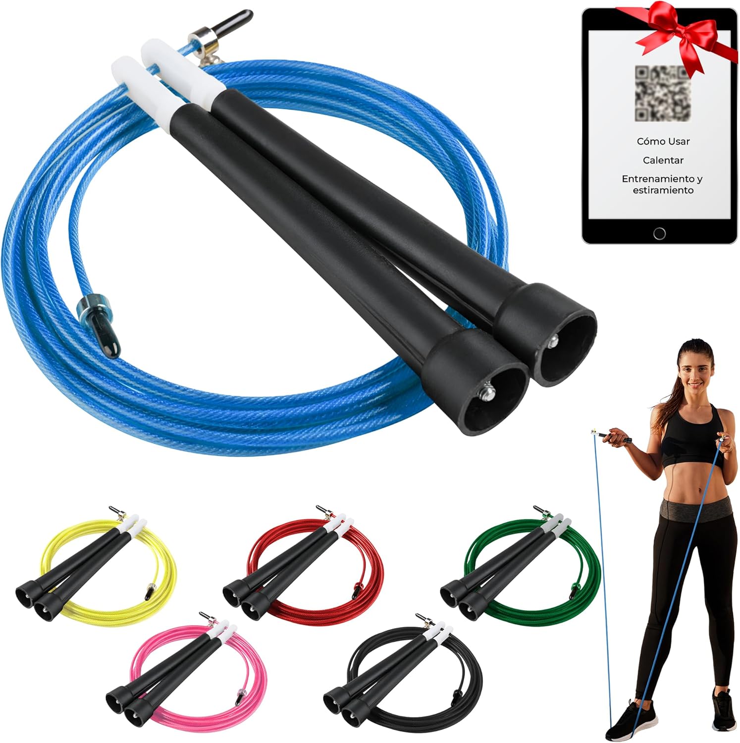 Comba Crossfit y Boxeo Profesional + Guía Digital con Ejercicios, etc | Cuerda de Saltar con Rodamiento para Fitness | Ajustable y Rápida, Ideal para Entrenamiento de Adultos.
