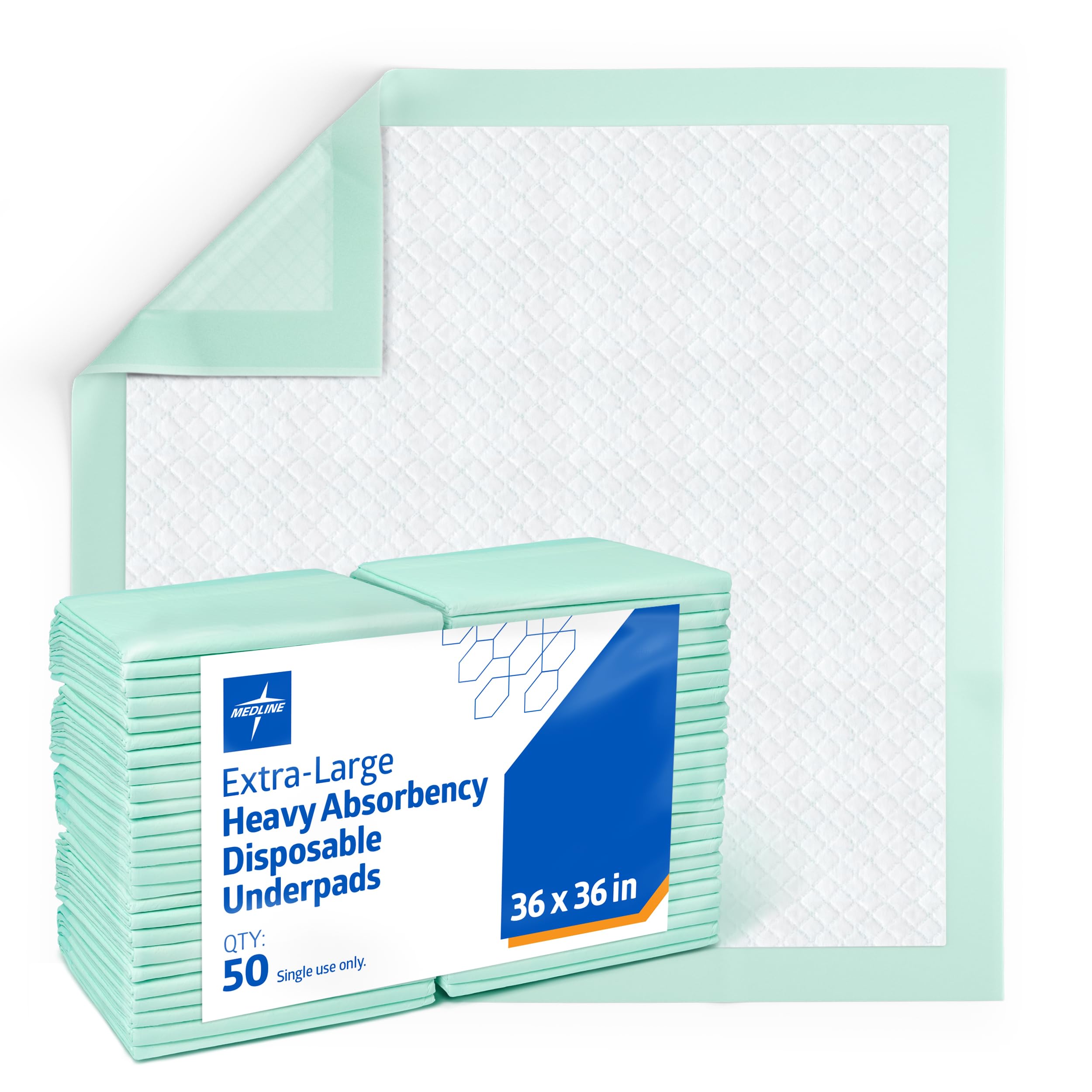 Medline MSC282070LB Protection Plus Polymer Underpads, Super Absorbency, 36\" x 36\", Green (Pack of 50)