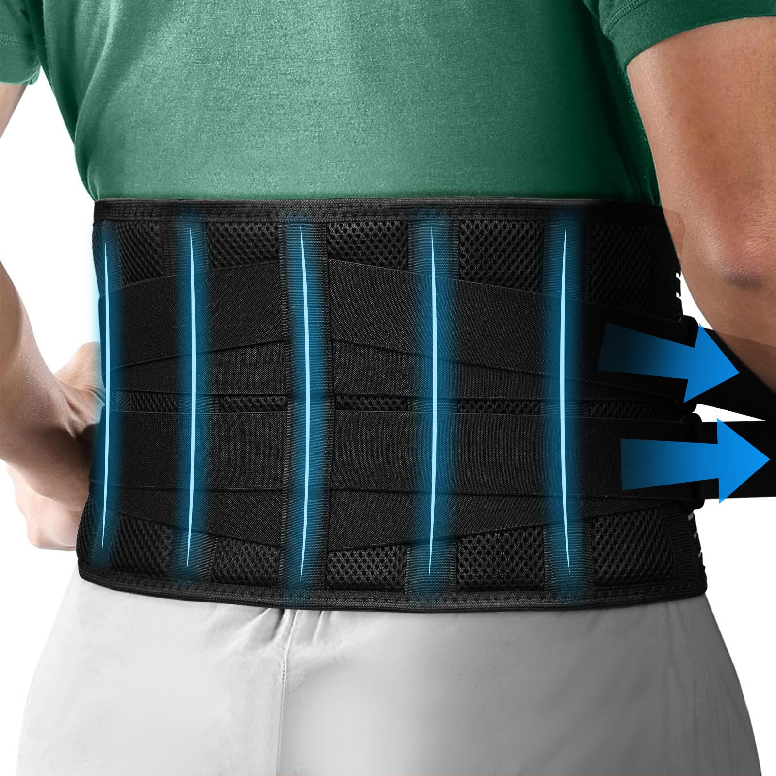 AOGOE Faja Lumbar para Hombre y Mujer, Transpirable Faja Lumbar Trabajo con 4 Soportes de Metal, Cinturón Lumbar con Doble Ajuste, Faja Ortopedica para Aliviar el Dolor Lumbar y Espalda (L)