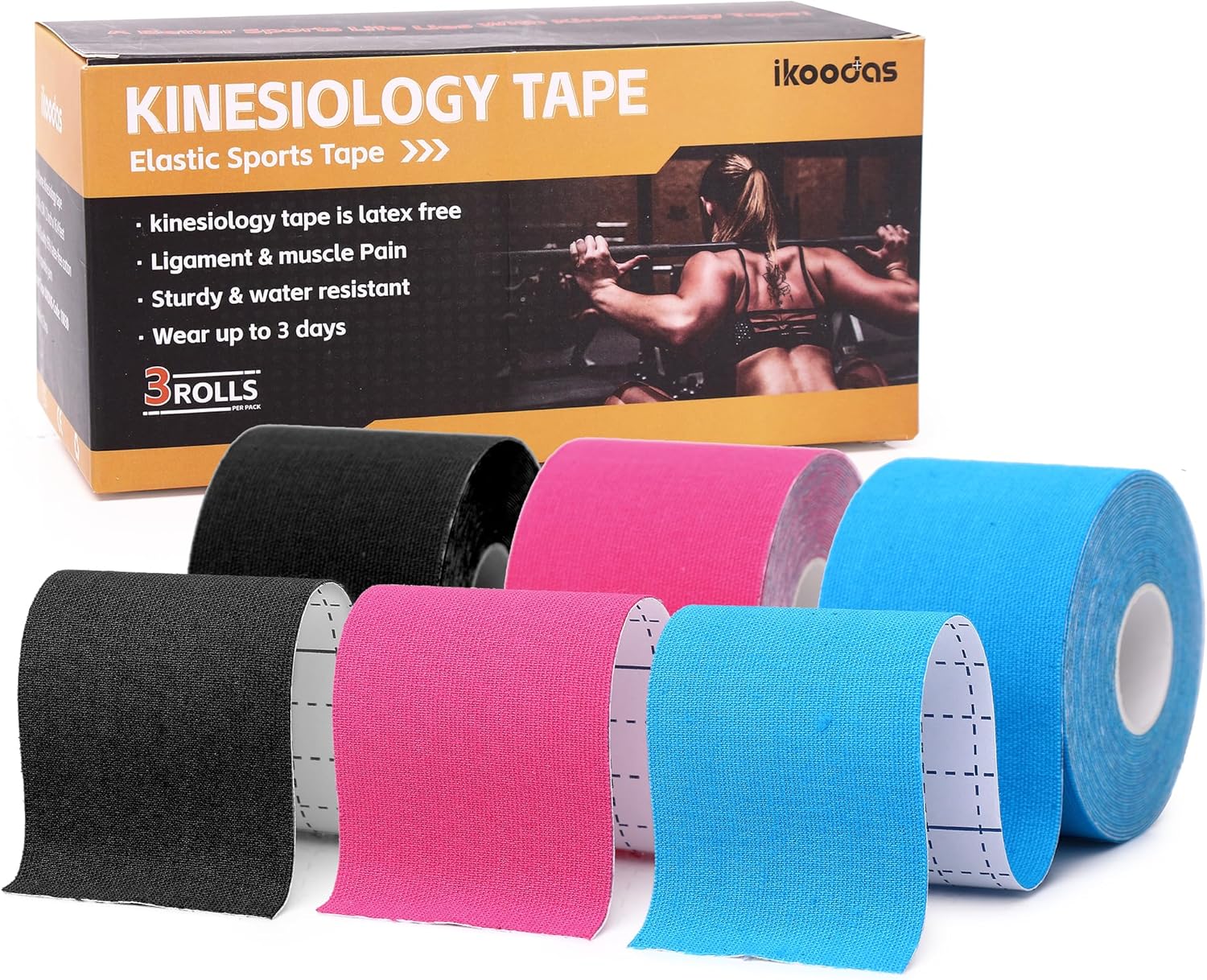 Cinta Kinesiologica Kinesiotape, Vendaje Neuromuscular de Algodón, Kinesiology Tape Elástica Para Deportes, Alivio del Dolor Muscular y Soporte Articular 5cm x 5m (Negro, Azul, Rosa)