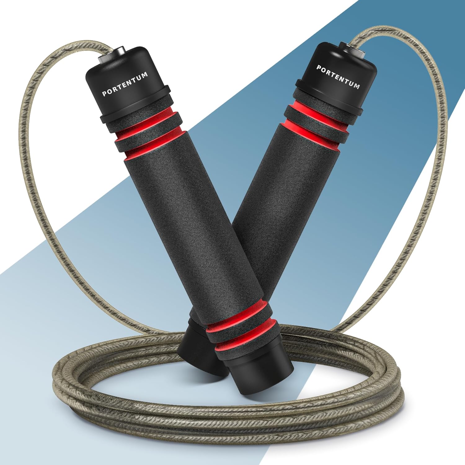 Comba Crossfit PORTENTUM con Mangos de Espuma Ergonómicos, Comba de Saltar de Longitud Ajustable y Rodamientos Rápidos - Ideal para Fitness, Entrenamiento por Intervalos y Crossfit - 2.8 Metros