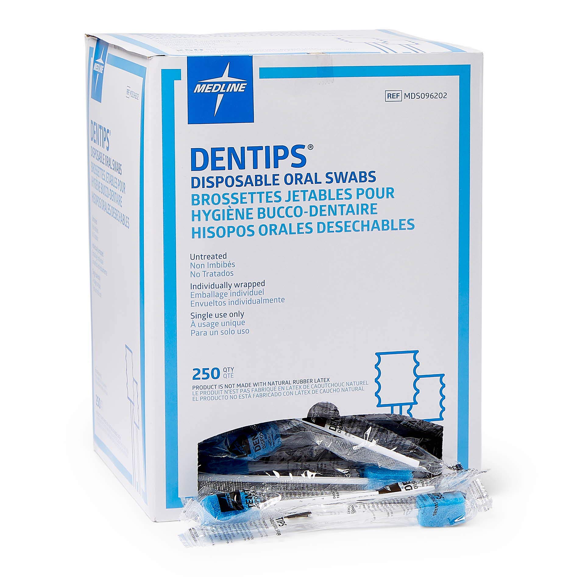 Medline Dentips - Bastoncillos para el tratamiento del cuidado bucal, de menta, 250 unidades, 6\" long handle, azul, 1
