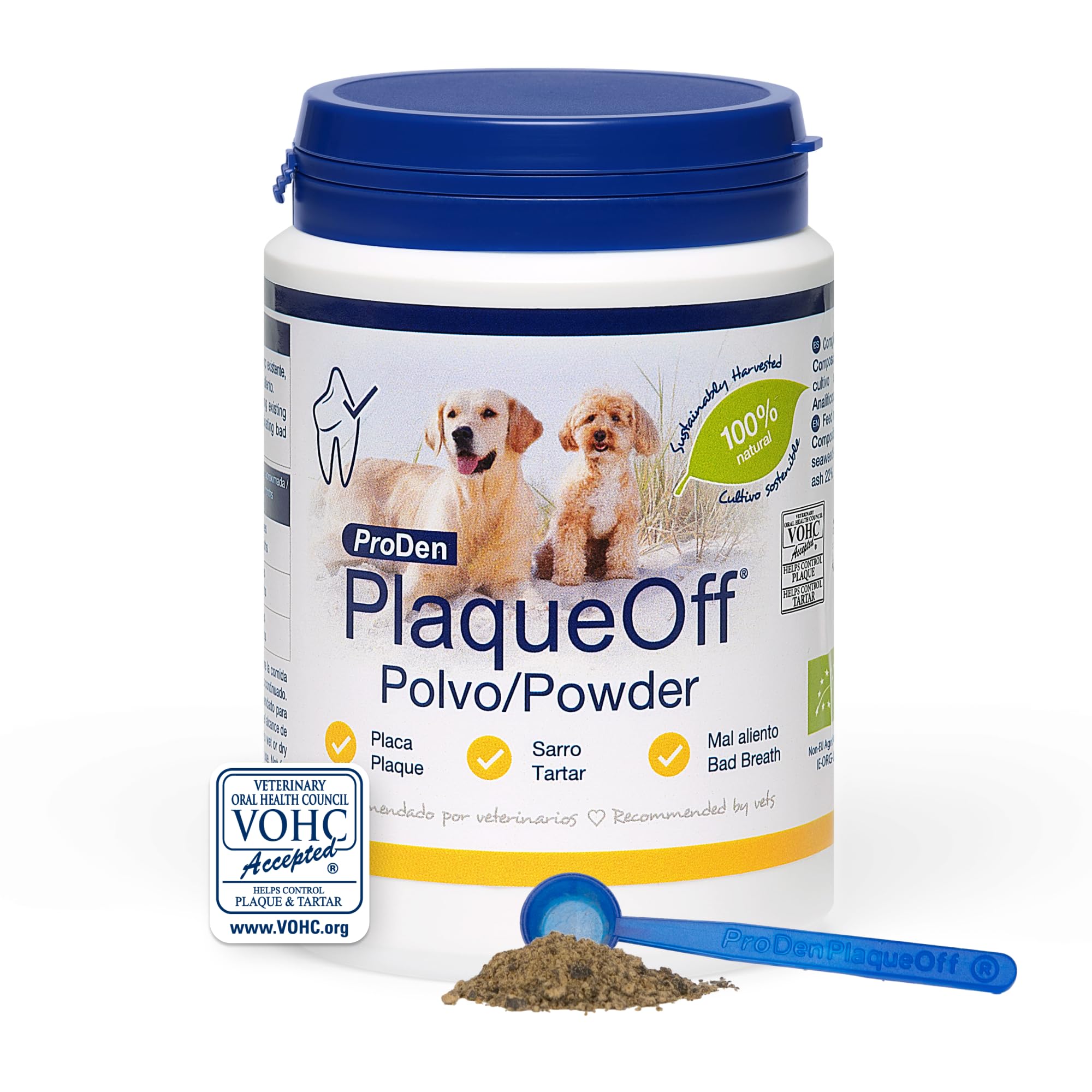 ProDen PlaqueOff Powder Polvo para Perros y Gatos, Eliminador de Sarro y Mal Aliento con 100% Limpiador Natural de Placa Dental, 180g, 180