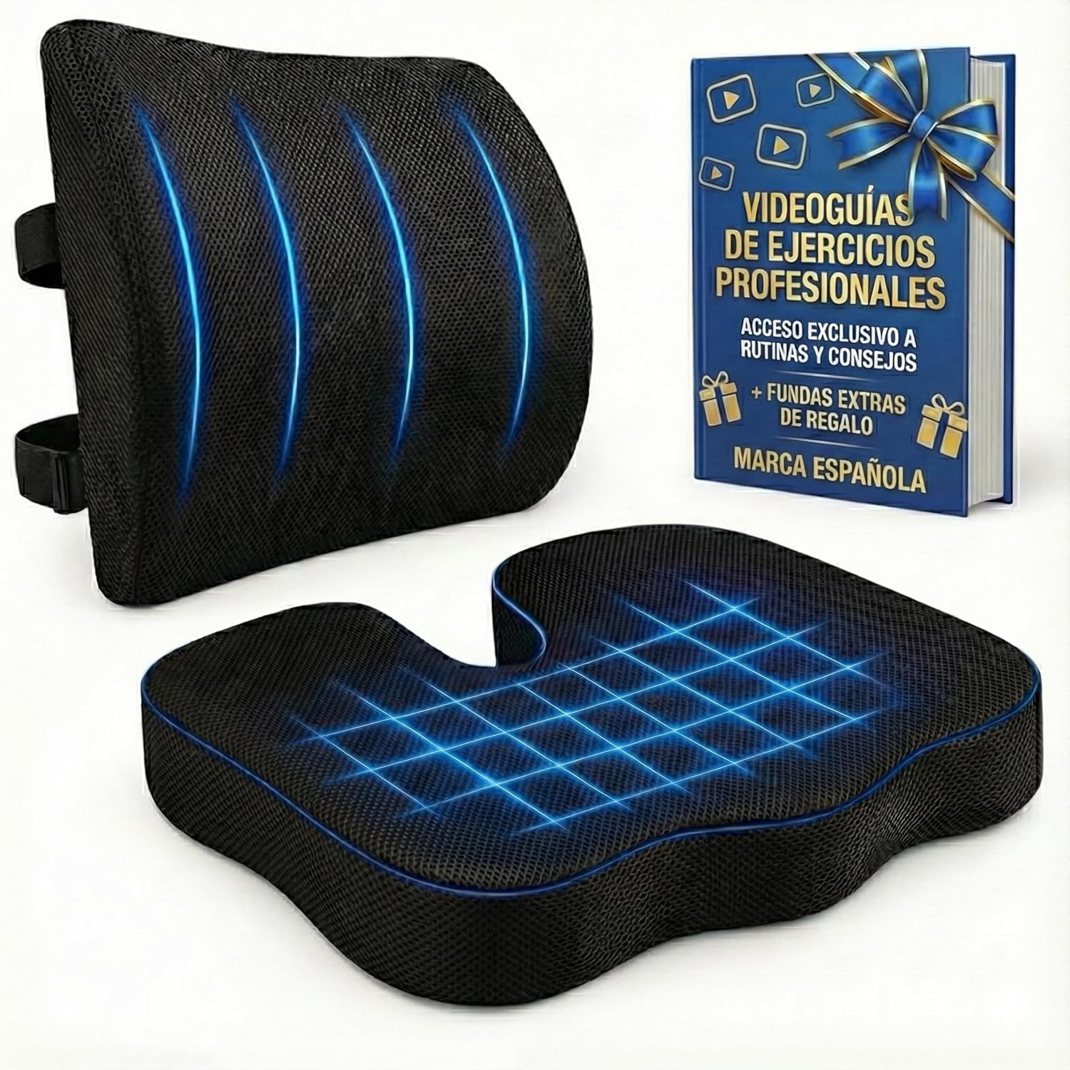 Cojin Silla Oficina + Cojin Lumbar Silla Oficina | Videoguías de Ejercicios y Fundas Extra Incluidas | Diseño ergonómico para aliviar Lumbar y coxis, Ayuda en tu día a día