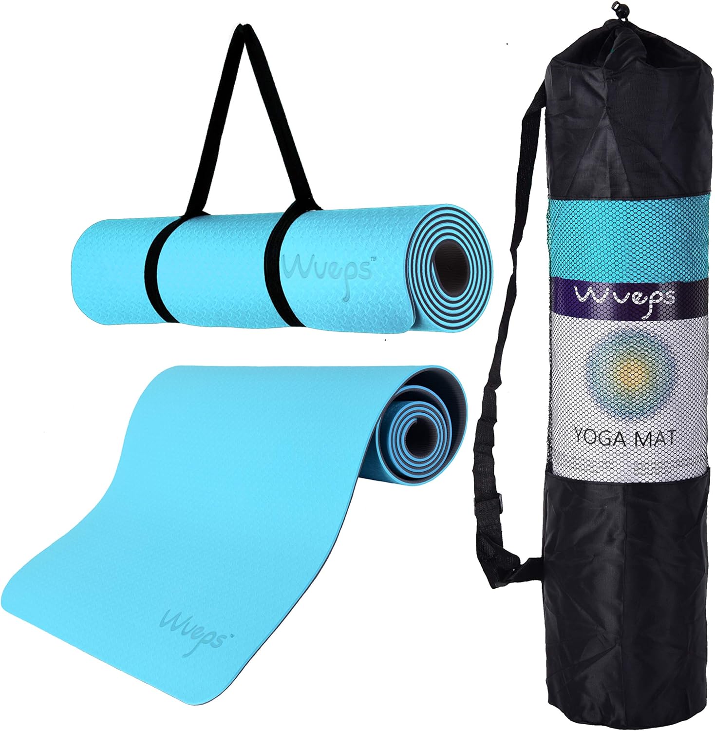 esterilla yoga Wueps, incluye correa de hombro y bolsa de transporte, ideal para realizar deporte en casa, antideslizante (Color Azul Lago y Gris Fresco)