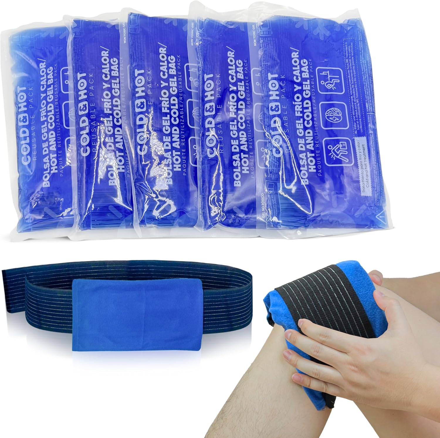 Pack de 5 Bolsas de Gel Frío/Calor - Reutilizable - Gel frio para lesiones con 1 Funda Multiposición de Tela con banda de compresión - Ideal para Terapias, Aptas para Nevera y Microondas