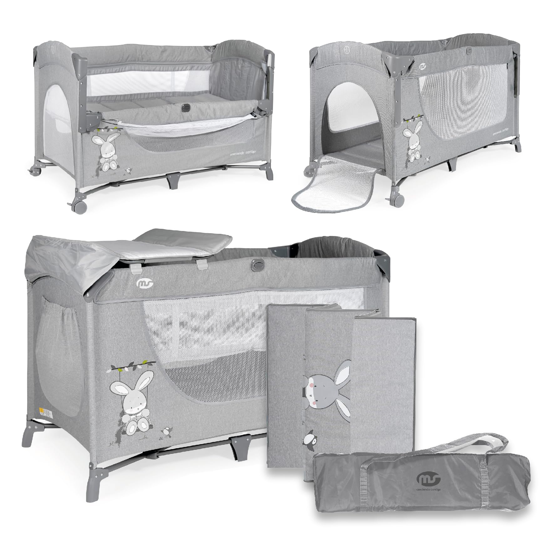 ms Innovaciones Cuna de Viaje + Colecho 630401 - Dos Alturas, Cambiador y Mosquitera -Gris