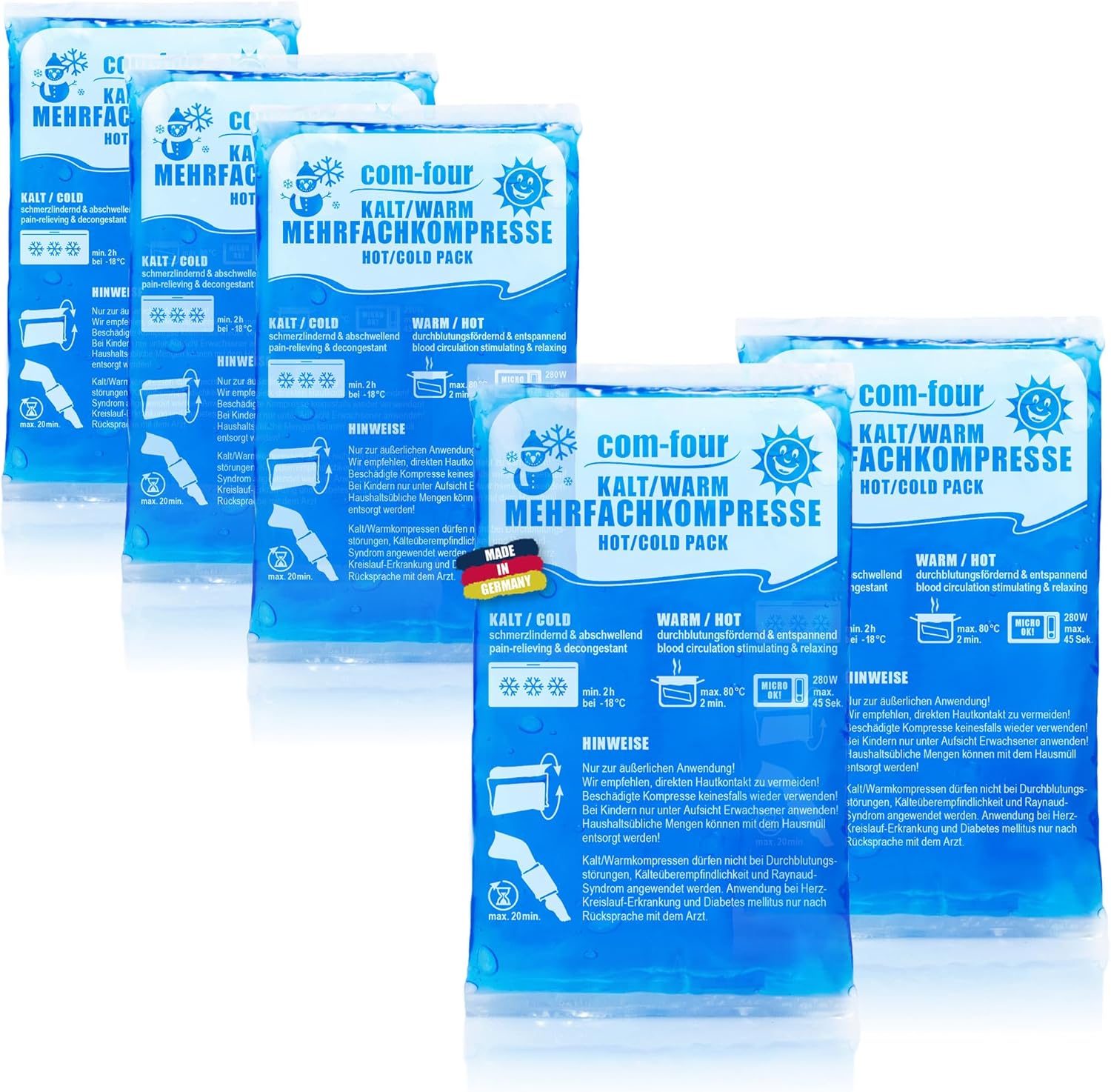 com-four® 5x Compresa Multiuso Pequeña, Compresas Frías y Calientes Reutilizables, 15,5x 8,5 cm - Apto para Microondas - Made in Germany