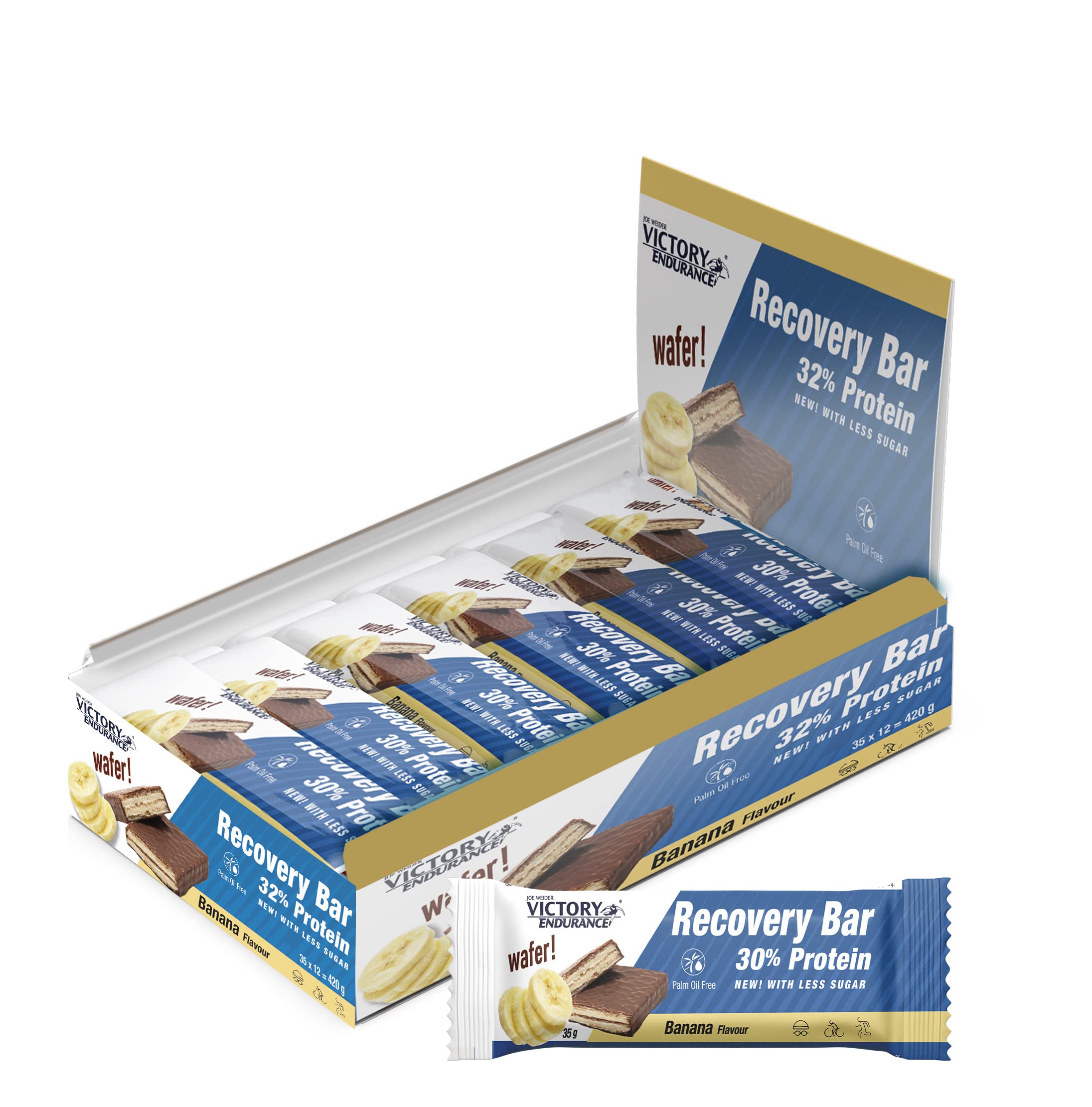 VICTORY ENDURANCE Recovery Bar Sabor Plátano. Barrita recuperadora con 32% de proteína (12x35 g). Barquillo recubierto de chocolate.