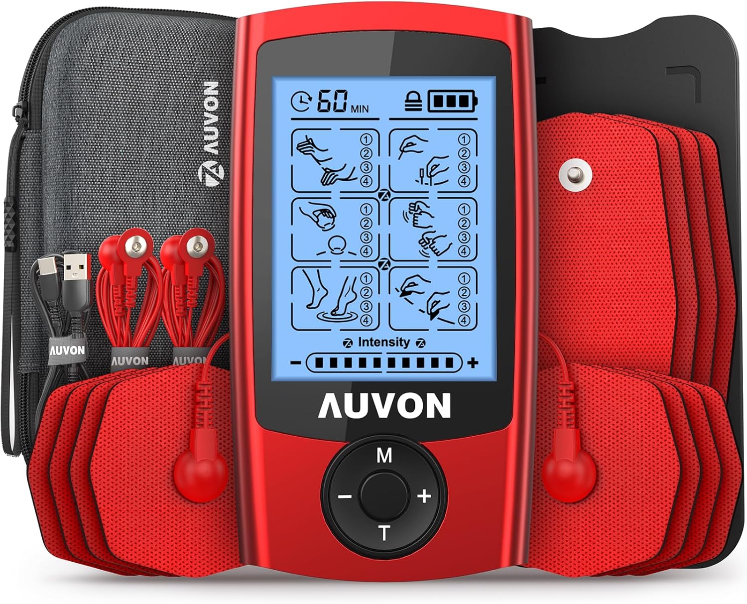 AUVON TENS Electroestimulador con estuche EVA, dispositivo de corriente de estimulación recargable para el tratamiento del dolor con 24 modos, Electroestimulador TENS incluye 12 electrodos, 2 Canales